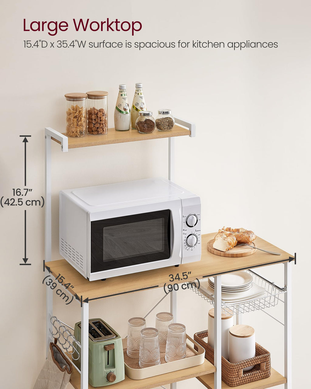 VASAGLE Kitchen Bakers Rack with Power Outlet, Coffee Bar with 35.4-Inch High Worktop, Microwave Stand with 8 Hooks, 15.7 x 31.5 x 66.9 Inches, Golden Oak and Cloud White UKKS059Y01