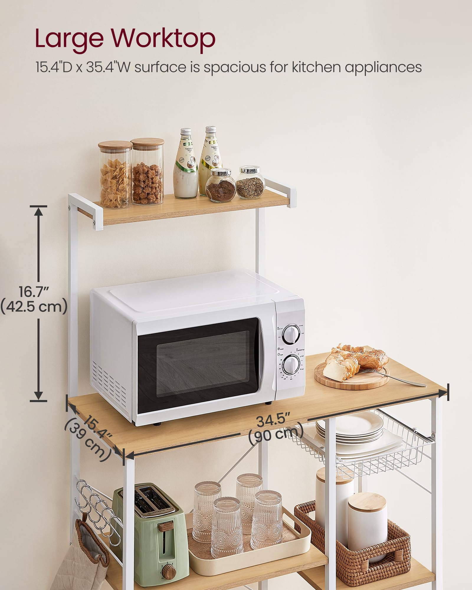VASAGLE Kitchen Bakers Rack with Power Outlet, Coffee Bar with 35.4-Inch High Worktop, Microwave Stand with 8 Hooks, 15.7 x 31.5 x 66.9 Inches, Golden Oak and Cloud White UKKS059Y01