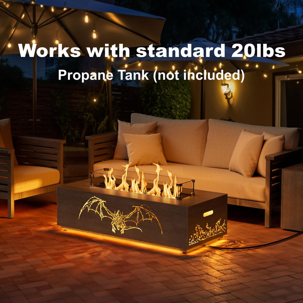 SUNPEAK 42" Modern Fire Pit Table with LED Light 50,000 BTU Deck Fire Pit Table Includes Wind Guard, Lid, Rocks & Cover - Propane Gas Patio Fireplace, Chimenea para Patio (Grey/Golden Light, 42" LED)