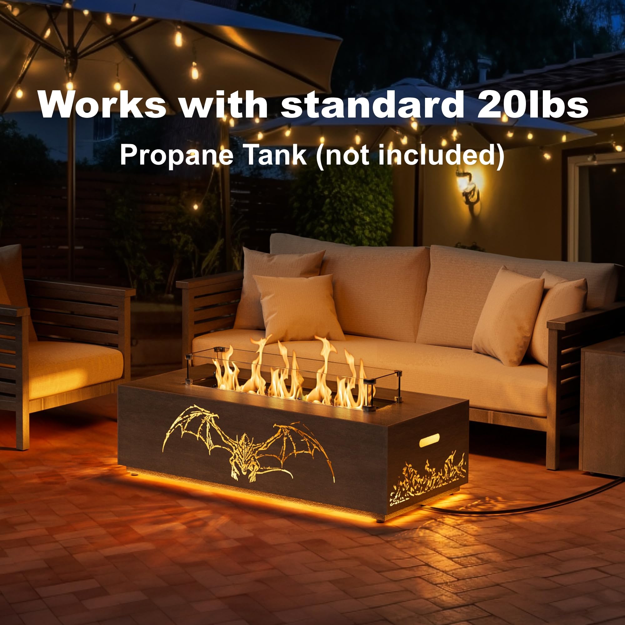 SUNPEAK 42" Modern Fire Pit Table with LED Light 50,000 BTU Deck Fire Pit Table Includes Wind Guard, Lid, Rocks & Cover - Propane Gas Patio Fireplace, Chimenea para Patio (Grey/Golden Light, 42" LED)