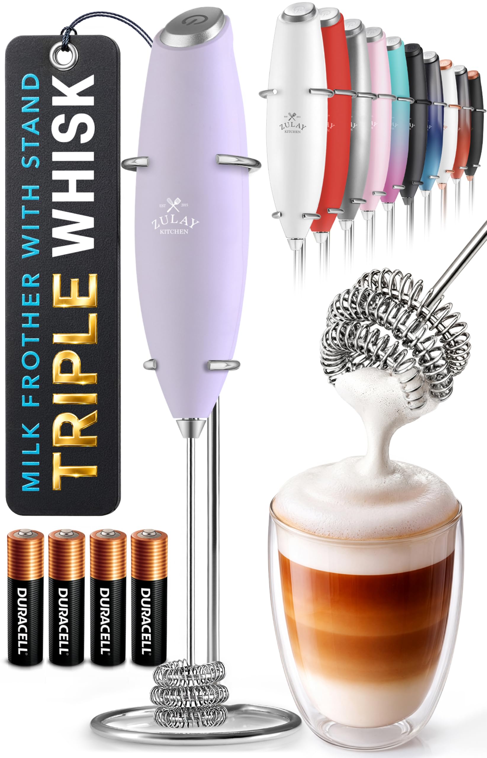 Zulay Kitchen Powerful Milk Frother Wand With Duracell Batteries - Ultra Fast Handheld Drink Mixer - Electric Whisk Foam Maker for Coffee, Lattes, Cappuccino & Matcha - Z1 Motor - Black