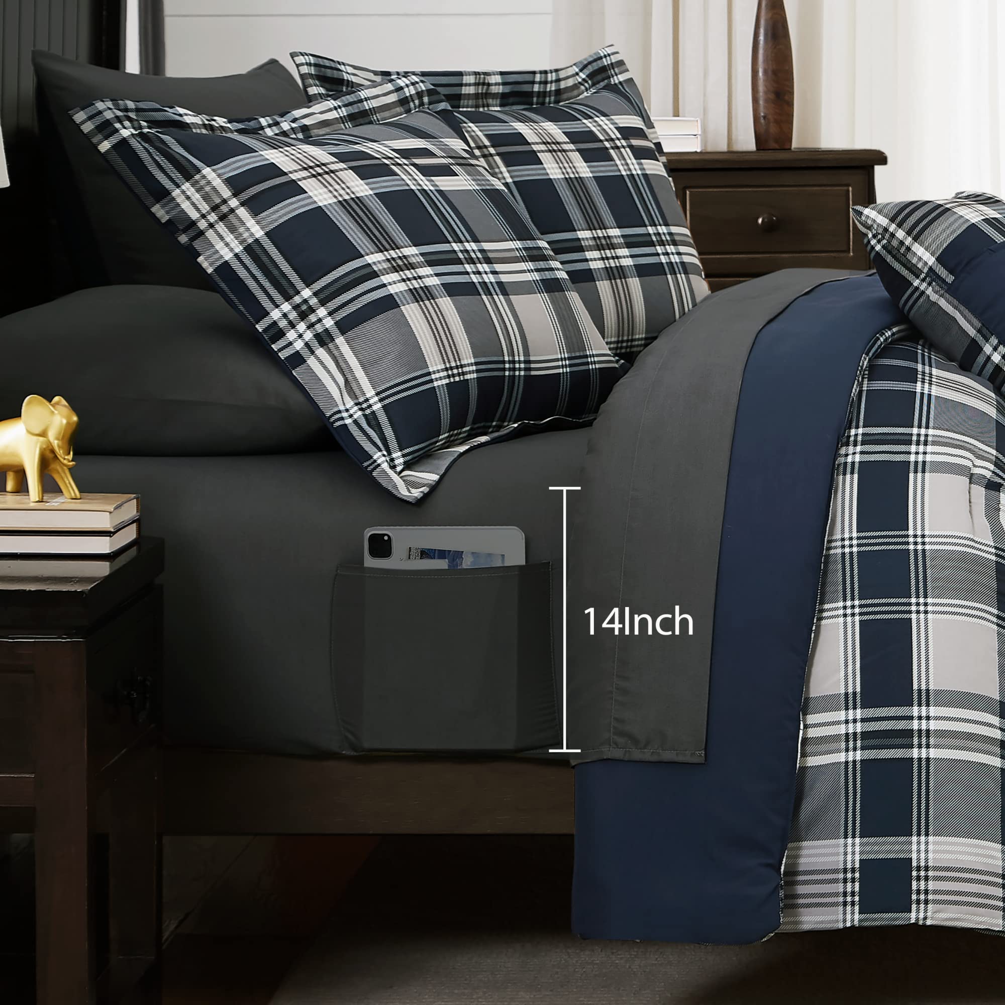 MaiRêve Plaid Twin XL Comforter Set Navy Blue 5 Pieces Dorm Bed in a Bag | Rustic Farmhouse Bedding Sets for Boys Teen with Sheets, Pillowcase & Sham