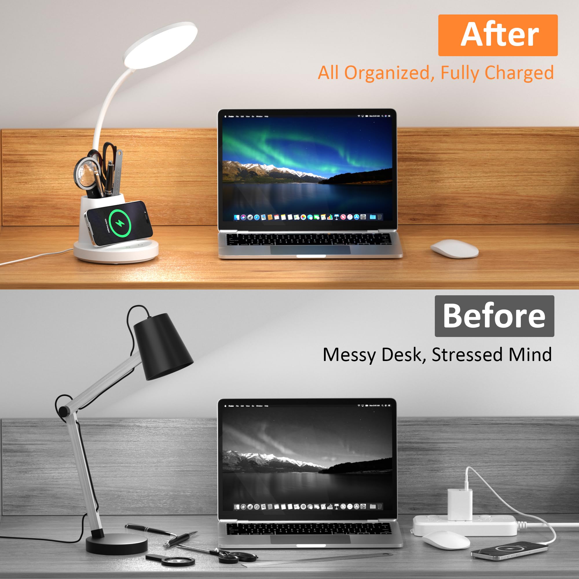 LED Desk Lamp with Wireless Charger for Home Office, Black | 3 Color Modes Dimmable Eye-Caring Study Desk Light for College Dorm Room, 360° Flexible Arm, Built-in Pen Holder, 800 Lumen