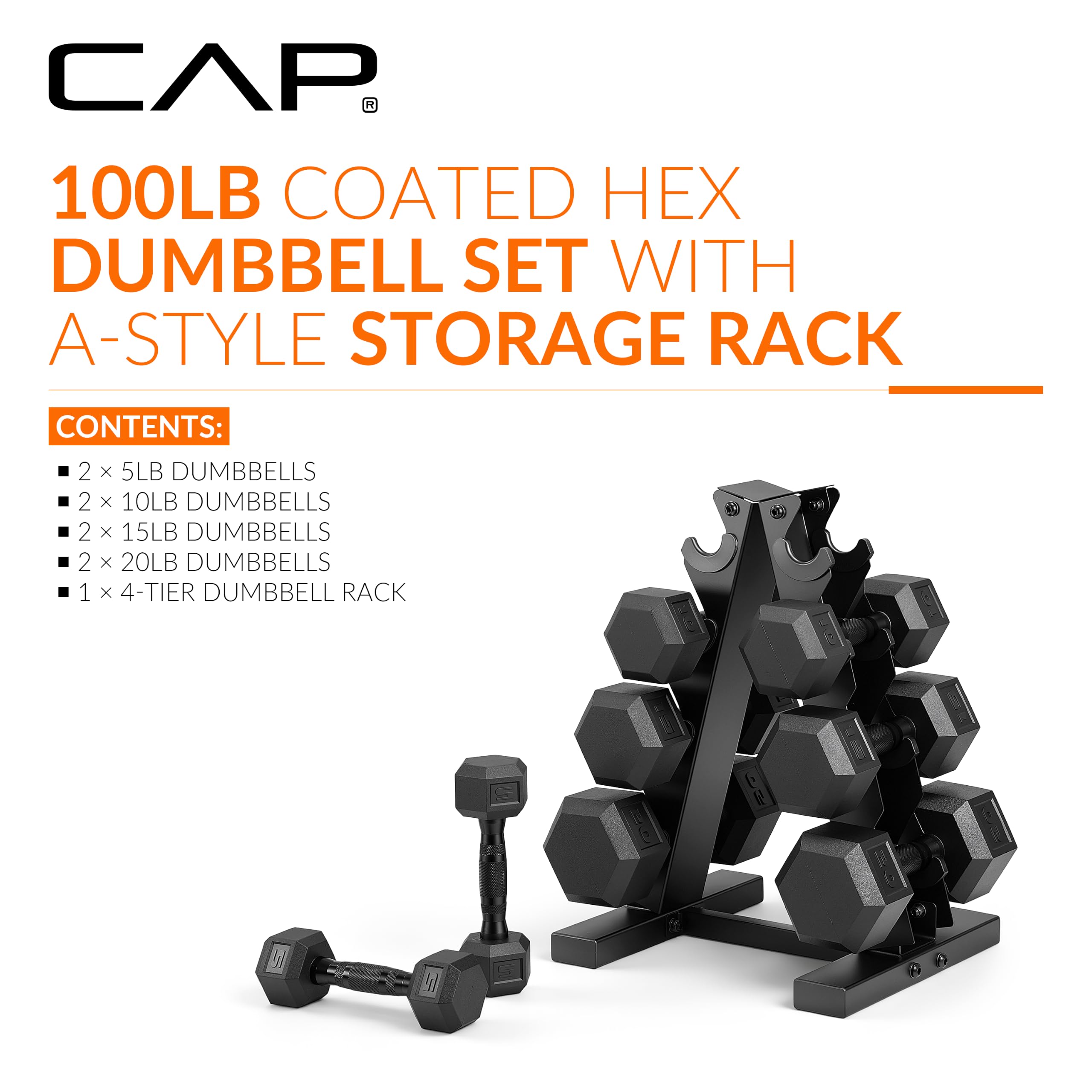 CAP Rubber Coated Hex Dumbbell Set with Storage Rack | 100–210 lb Options, Space-Saving Vertical Compact Storage for Home Gym Strength Training