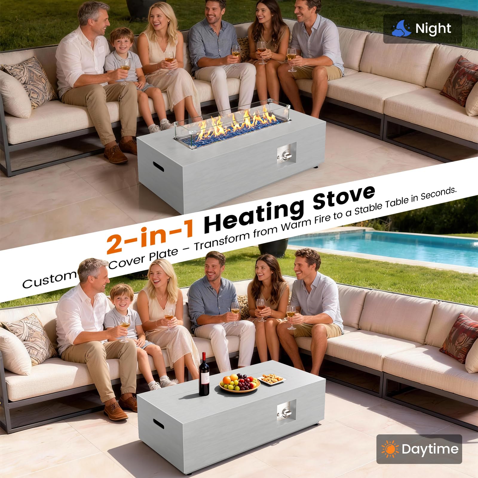 SUNPEAK 42" Modern Fire Pit Table with LED Light 50,000 BTU Deck Fire Pit Table Includes Wind Guard, Lid, Rocks & Cover - Propane Gas Patio Fireplace, Chimenea para Patio (Grey/Golden Light, 42" LED)