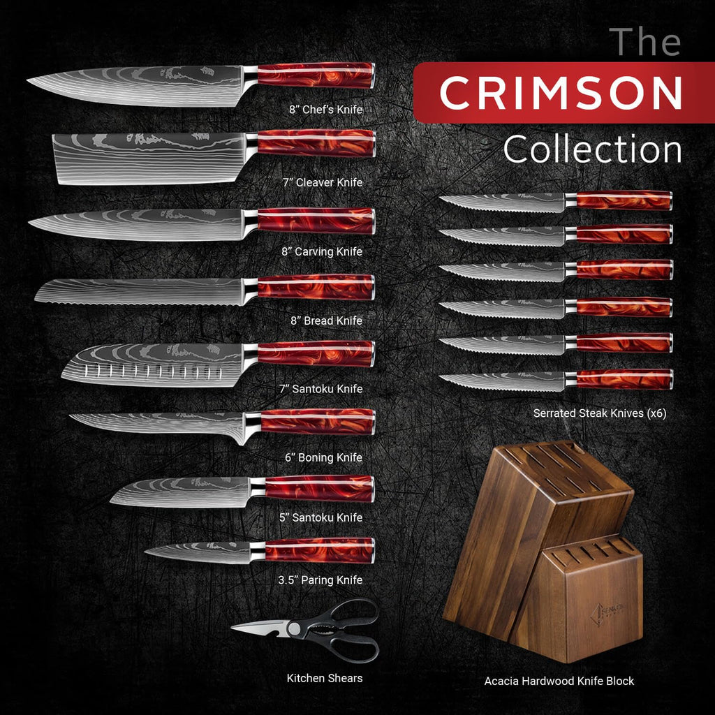 SENKEN 16-Piece Knife Block Set - Japanese High Carbon Stainless Steel with Damascus Pattern, Dark Wood Handles, 6 Steak Knives & Acacia Hardwood Block (Brown)
