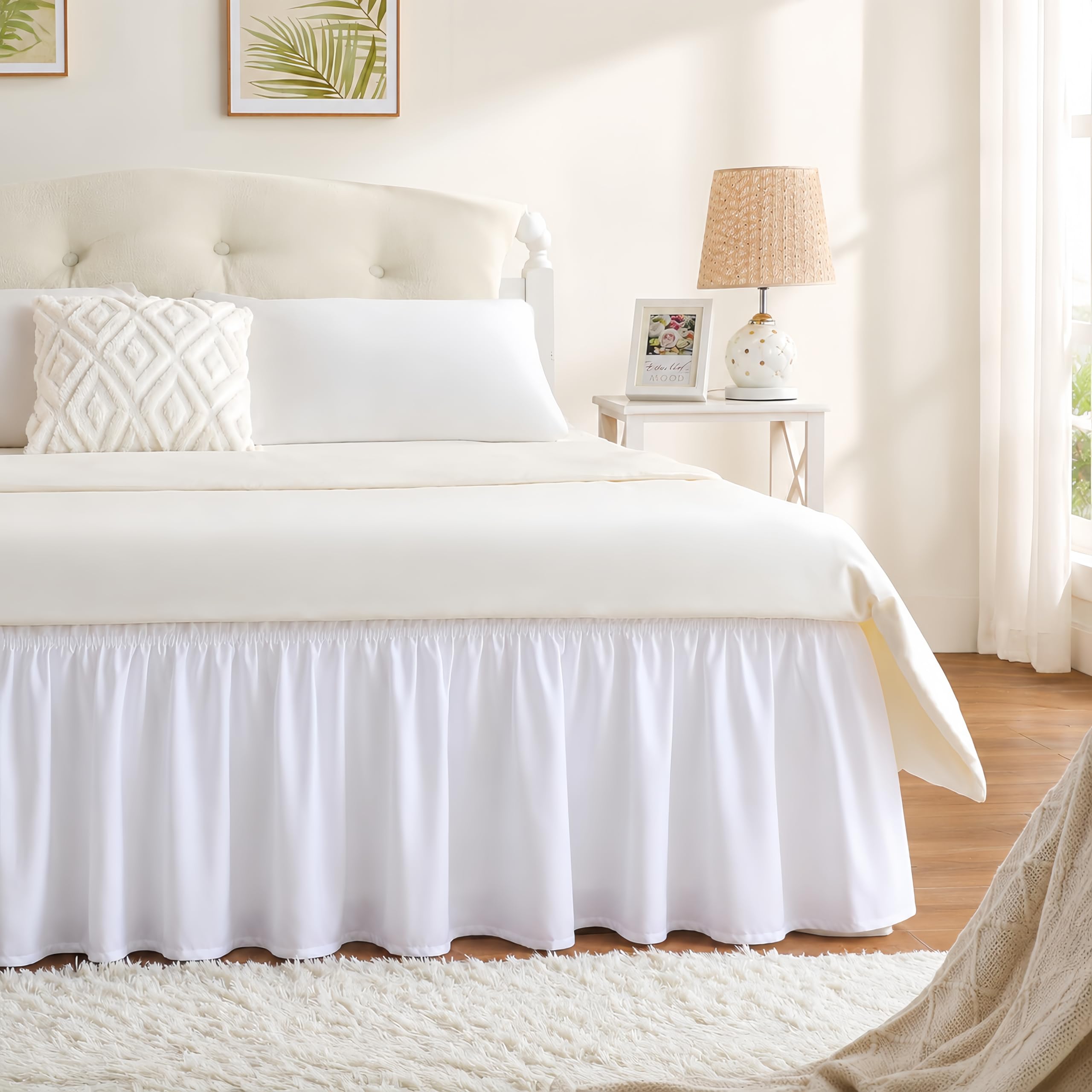 RIMELA Dorm Bed Skirt Twin XL 32 Inch Drop, Easy to Install Extra Long Wrap Around Elastic Dust Ruffle, White Bedskirt Solid Silky Fabric Machine Washable, Bedroom Decor