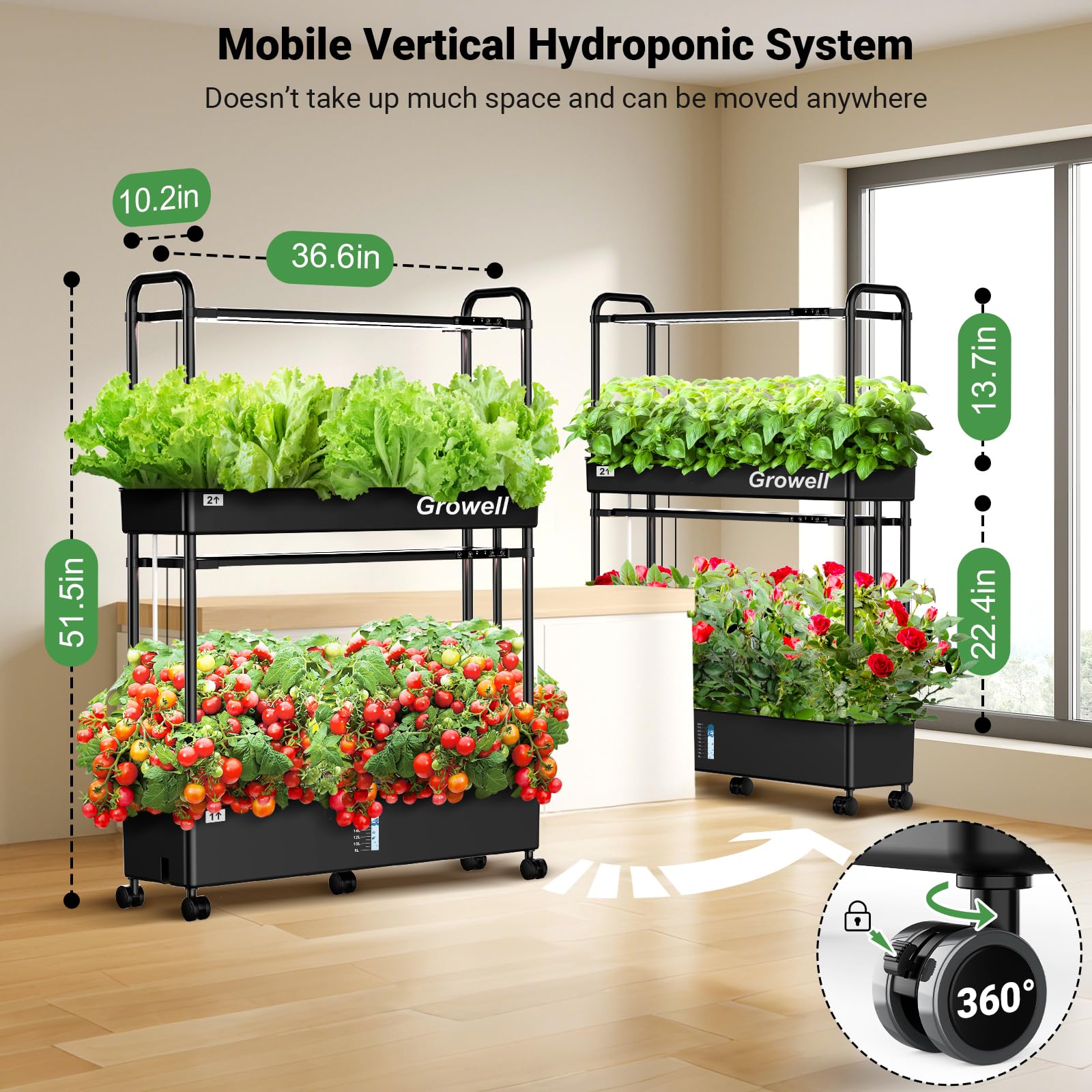Growell Large Hydroponics Growing System Kit, 90 Pods Vertical Hydroponic Garden with 2 Light Modes Grow Light, Auto Circulating Water System, 40L Indoor Gardening System for Herb Vegetable Fruit