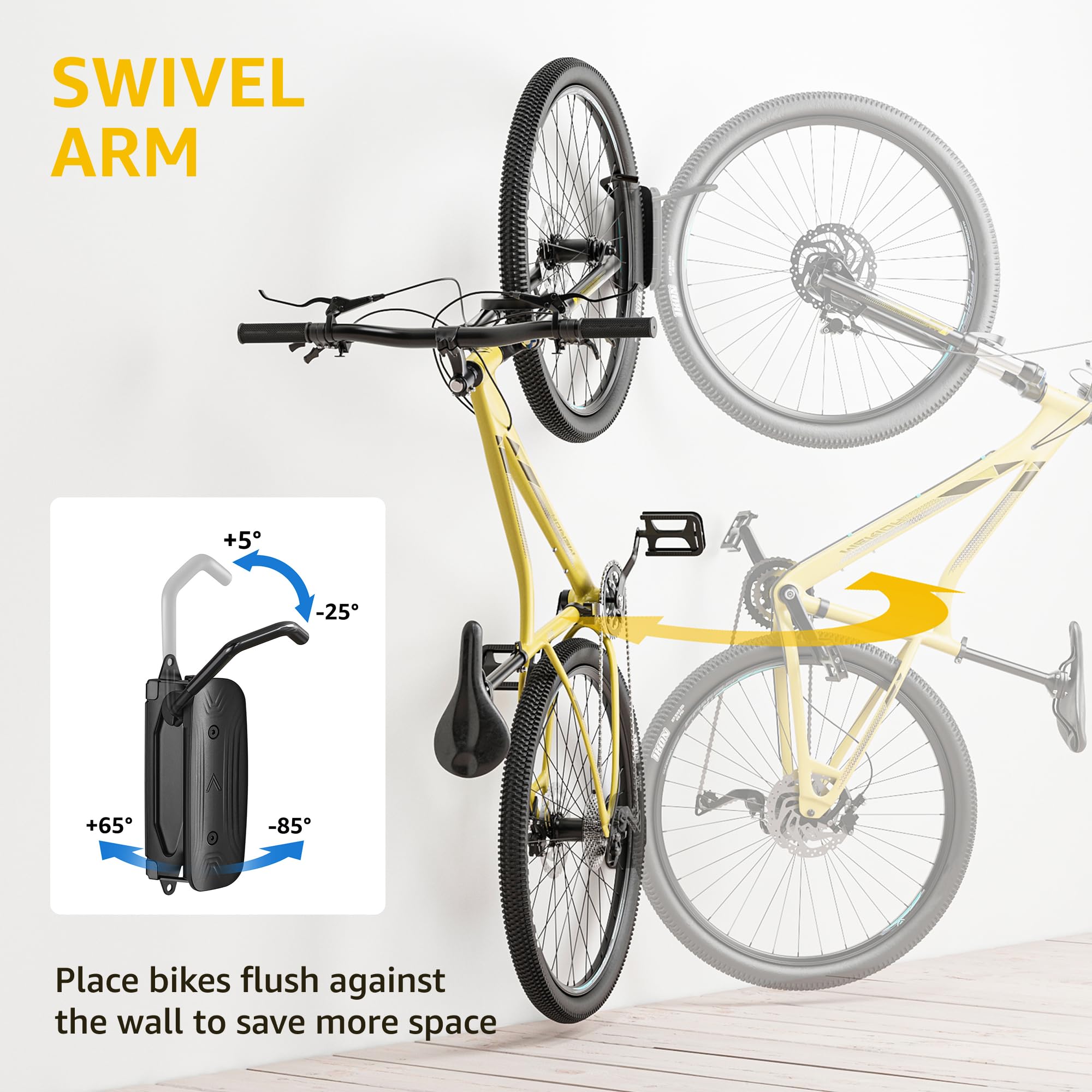 monTEK Swivel Bike Wall Mount, Bike Hangers for Garage, Space-Saving Vertical Bike Rack, Sturdy Bike Storage Rack Holds Up to 66lbs, Easy to Install, 4 Pack