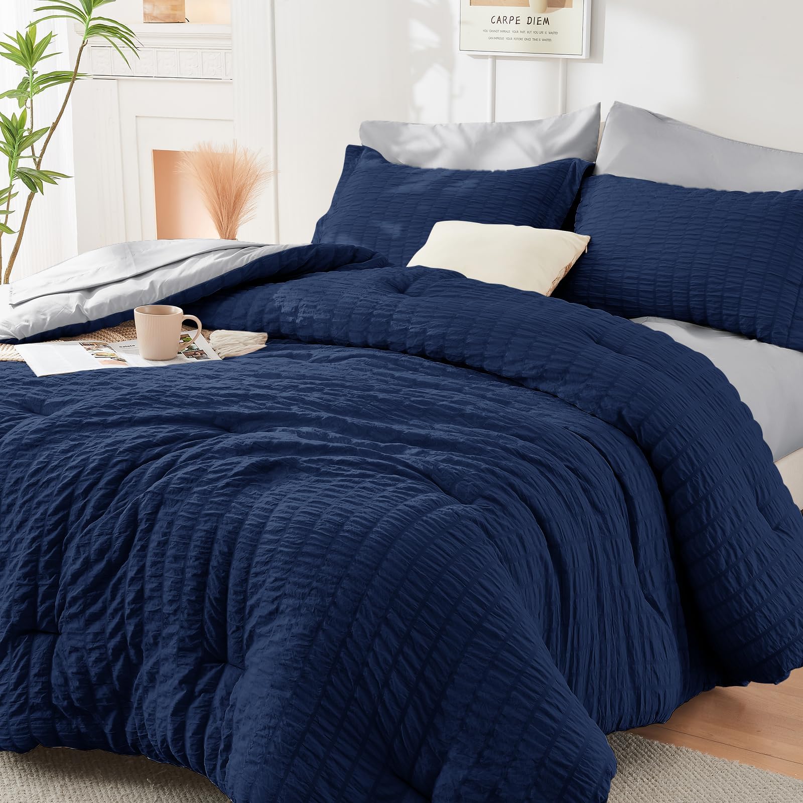 HYMOKEGE Twin XL Comforter Set Seersucker 5 Pieces, All Season Luxury Bed in a Bag for Bedroom, Bedding Set with Comforter, Sheet, Pillowcase & Sham, Dark Grey