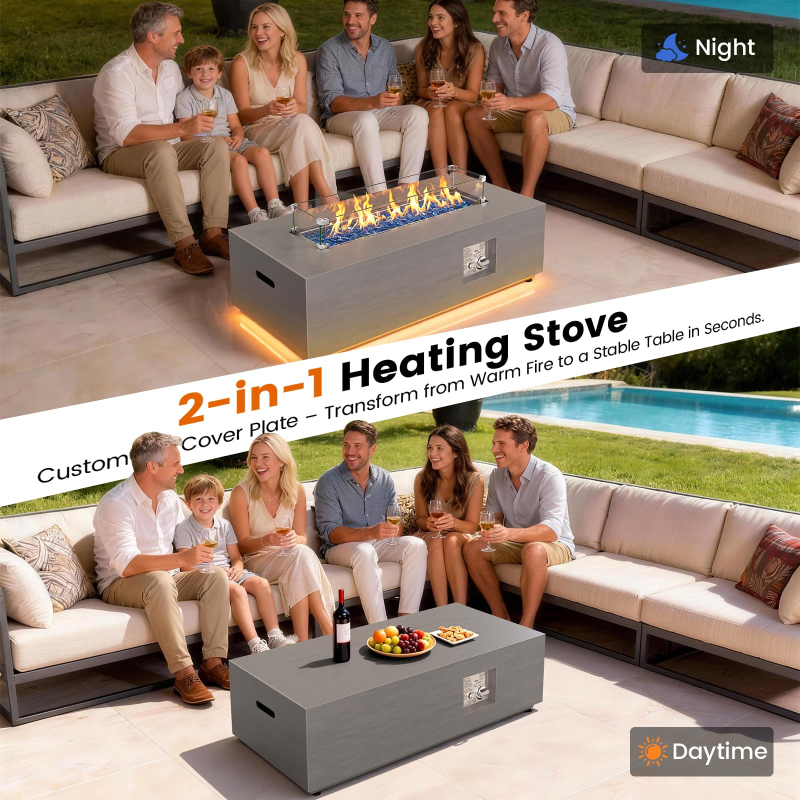 SUNPEAK 42" Modern Fire Pit Table with LED Light 50,000 BTU Deck Fire Pit Table Includes Wind Guard, Lid, Rocks & Cover - Propane Gas Patio Fireplace, Chimenea para Patio (Grey/Golden Light, 42" LED)