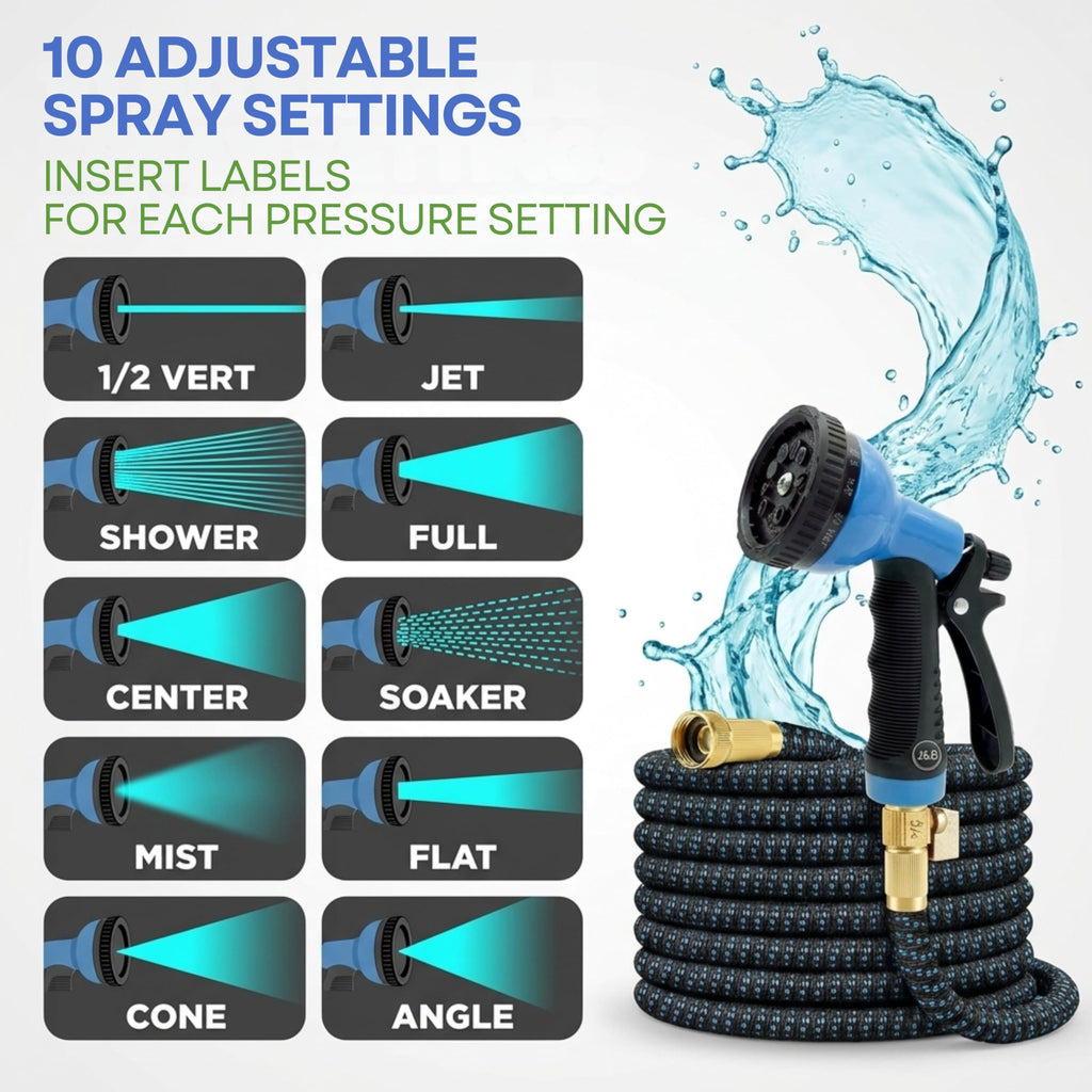 J&B XpandaHose 75ft Expandable Garden Hose, Lightweight, Brass Connectors | Ultra Strong 3750D fabric, 4-layer latex core, expands 3X, kink & leak-resistant, 10-pattern nozzle, storage bag