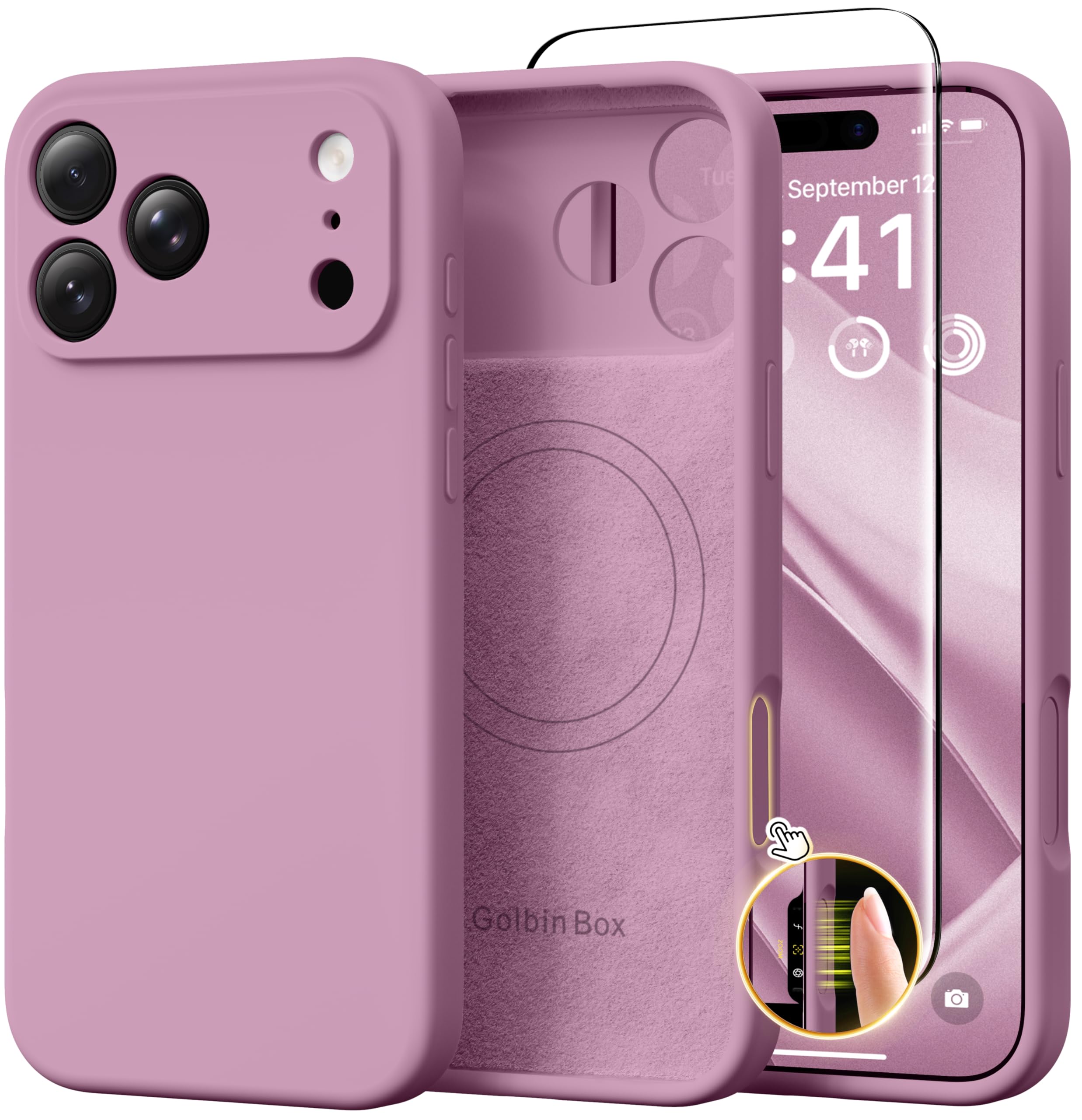 GolbinBox Magnetic for iPhone 17 Pro Max Case, Compatible with MagSafe, [Full Camera Protection] [Screen Protector], Silicone Shockproof Phone Cover with Anti-Scratch Microfiber Lining, Chalk Pink