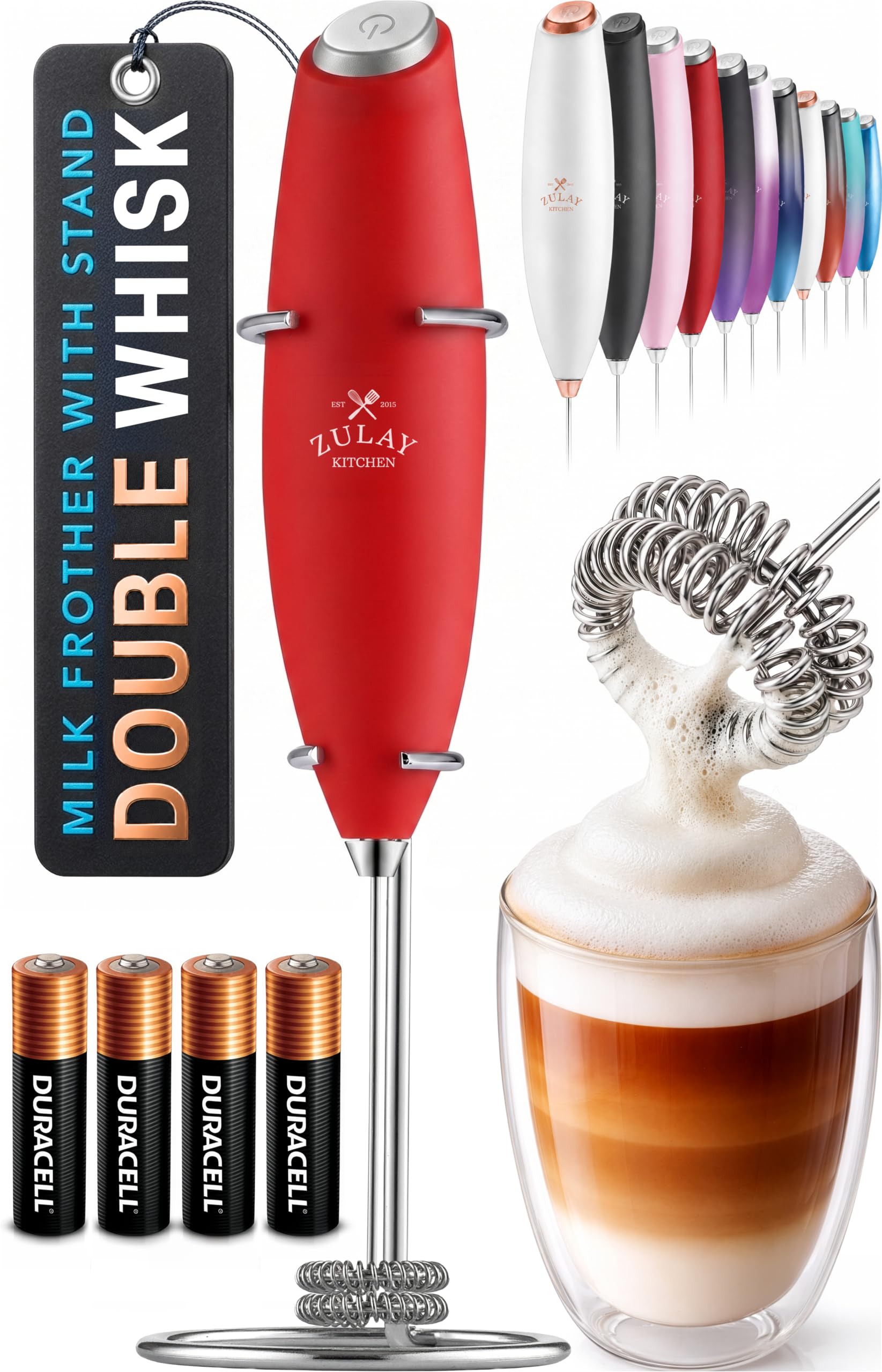 Zulay Kitchen Powerful Milk Frother Wand With Duracell Batteries - Ultra Fast Handheld Drink Mixer - Electric Whisk Foam Maker for Coffee, Lattes, Cappuccino & Matcha - Z1 Motor - Black
