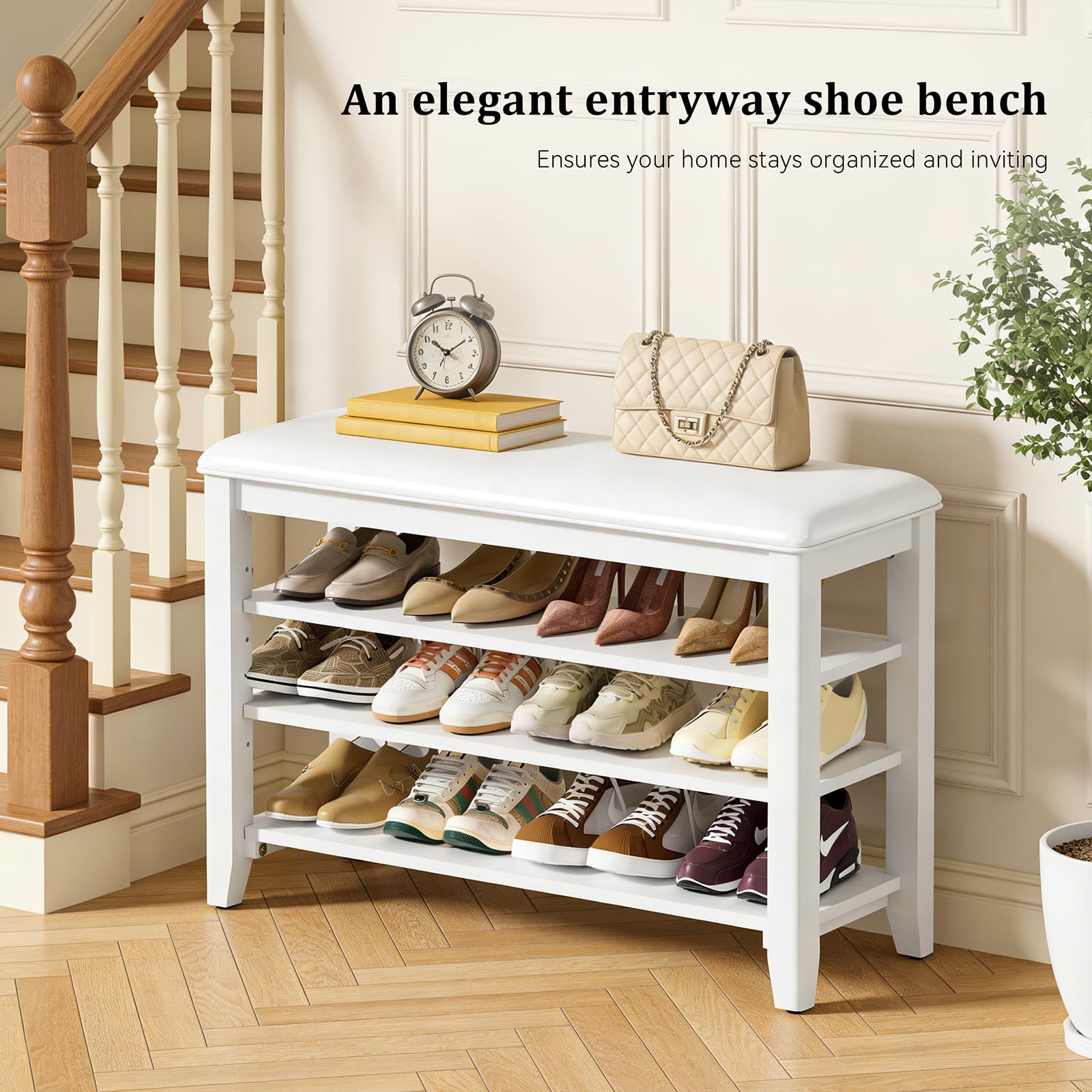 Taitiy Shoe Bench Storage Rubberwood with Leather Cushion for Entryway Bench Ideal for Hallways Shoe Rack Front Doors Entrances Mudrooms Featuring 3 Height-Adjustable and Removable Shelves