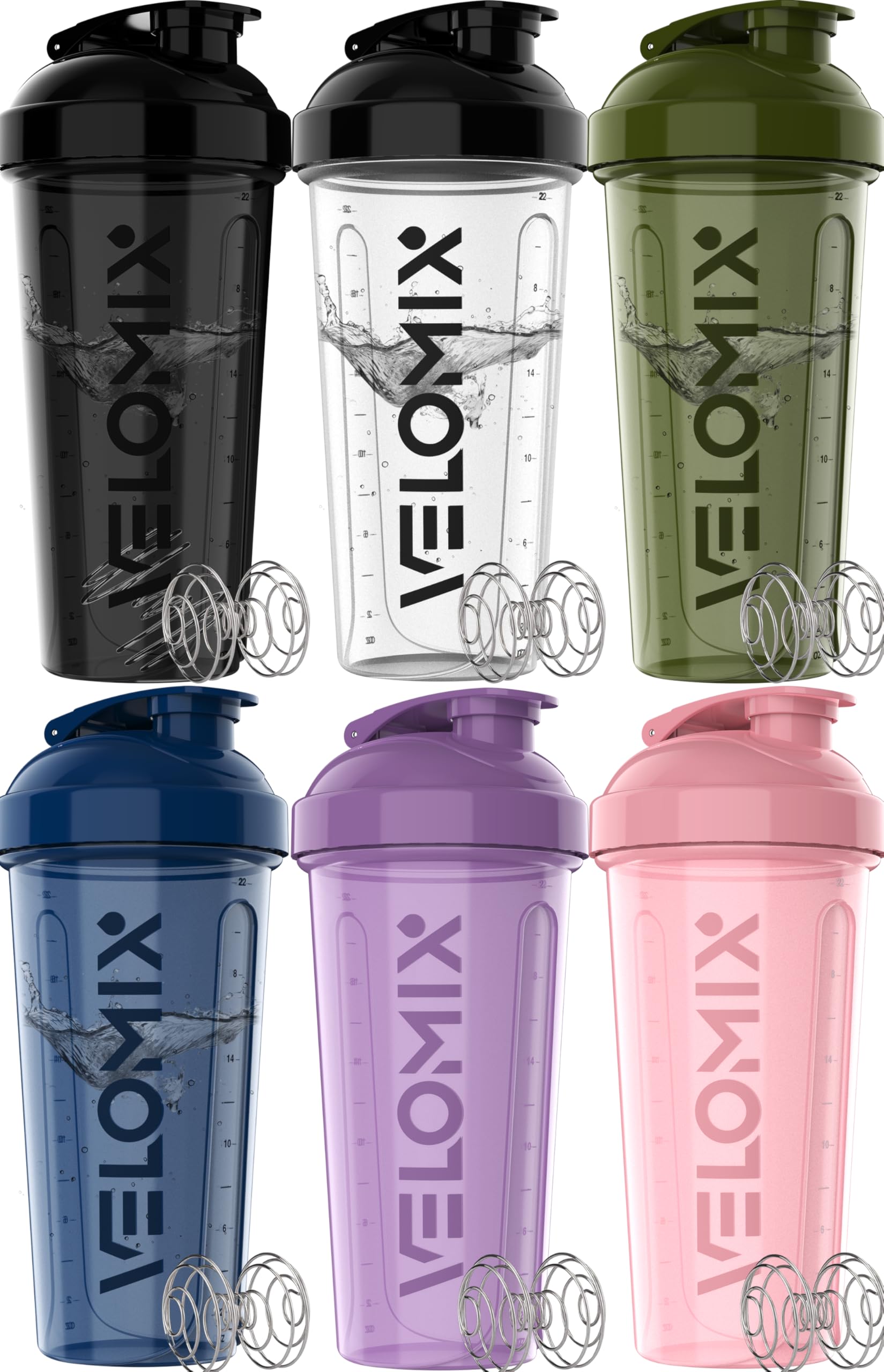 VELOMIX 6 Pack 28 oz Protein Shaker Bottle for Mixes - 6 Wire Whisk Balls | Leak Proof Cups for Supplements | BPA-Free Gym & Fitness (Earth Tones Collection)
