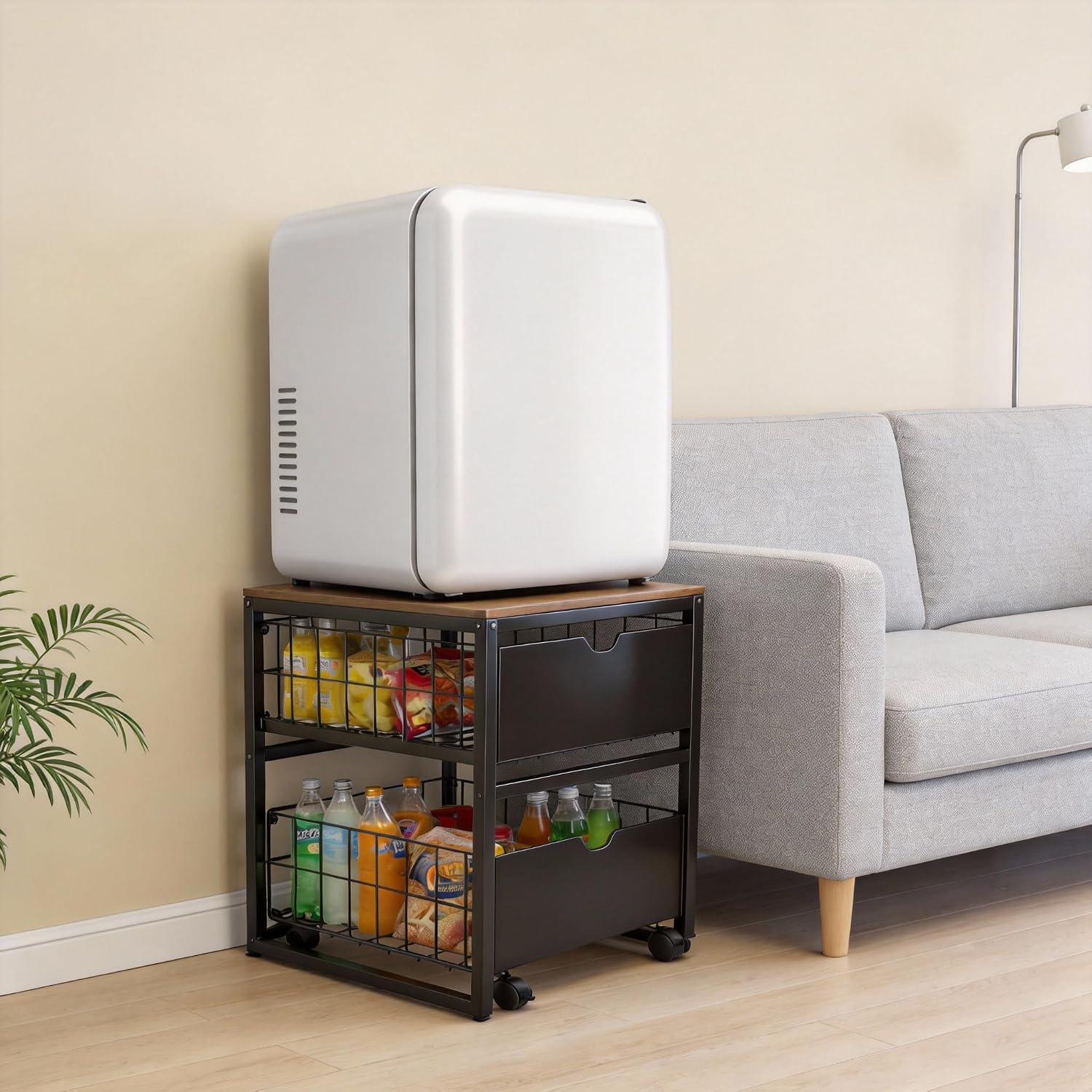 Mini Fridge Stand with Storage, Heavy Duty Mini Fridge Table, Small Refrigerator Stand, For Dorm Office Apartment Home, 21.6”L x 21.6”W x 22.2”H, Max Load 250 LBS