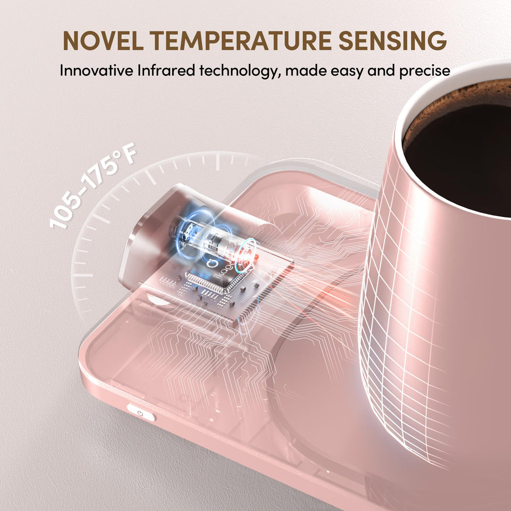 Coffee Cup Warmer & iKago Mug Set, 1℉ Precise Temp Control Mug Warmer | Auto Shut Off, Infrared Sensor, Dual Temp Display, ℉/℃ Optional, 15oz Mug with Spoon & Lid Included, Gifts for Men Women