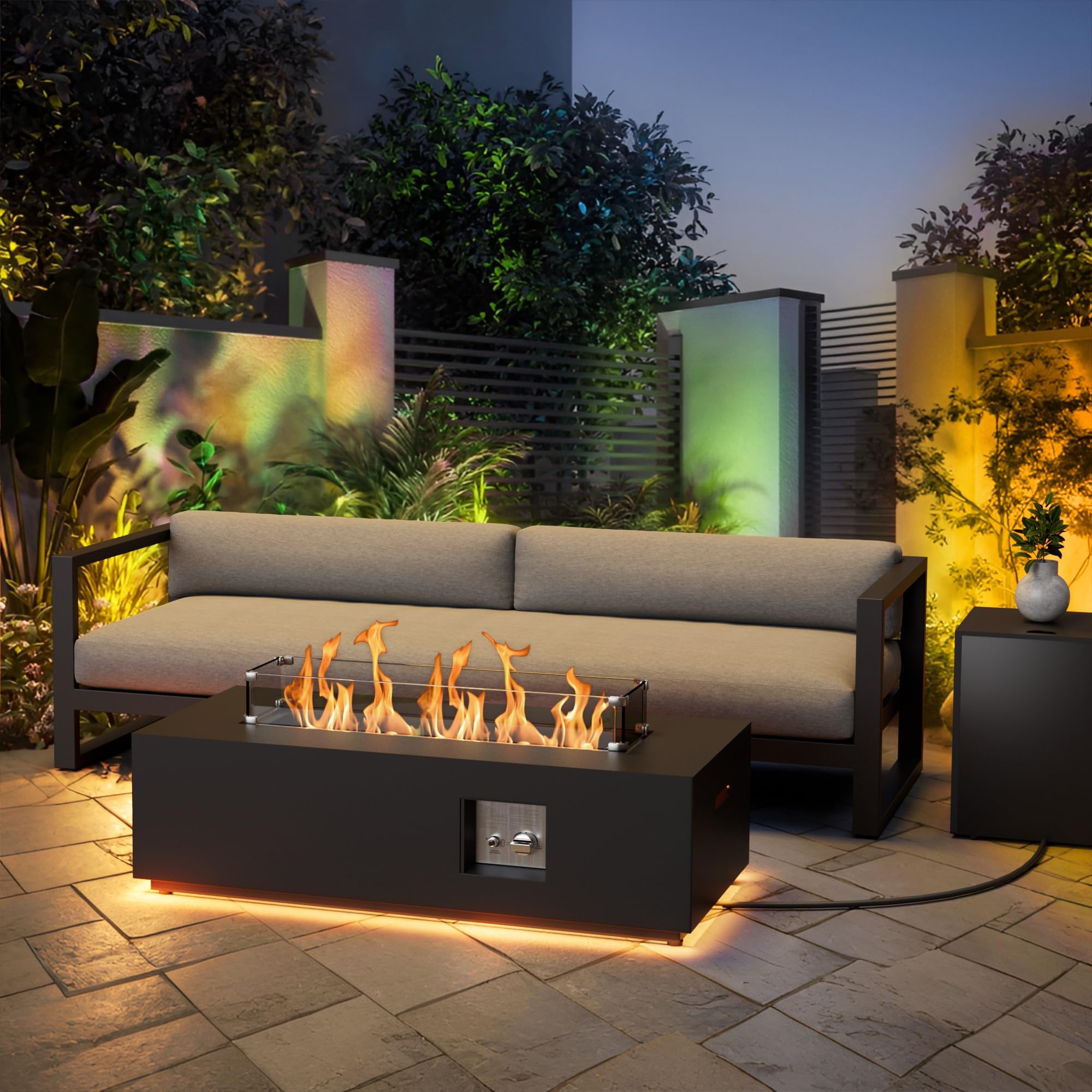 SUNPEAK 42" Modern Fire Pit Table with LED Light 50,000 BTU Deck Fire Pit Table Includes Wind Guard, Lid, Rocks & Cover - Propane Gas Patio Fireplace, Chimenea para Patio (Grey/Golden Light, 42" LED)