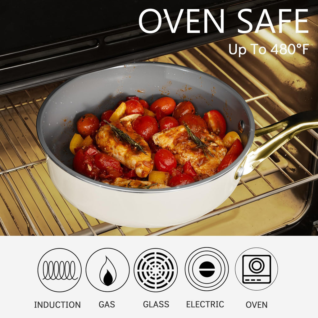 Ceramic Cookware Set, Pots & Pans Set, 10PC for RV and Apartment | Include saucepan, saute pan, stockpot, frying pans, oven safe to 480°F, dishwasher safe, non-toxic PFAS free, induction bases