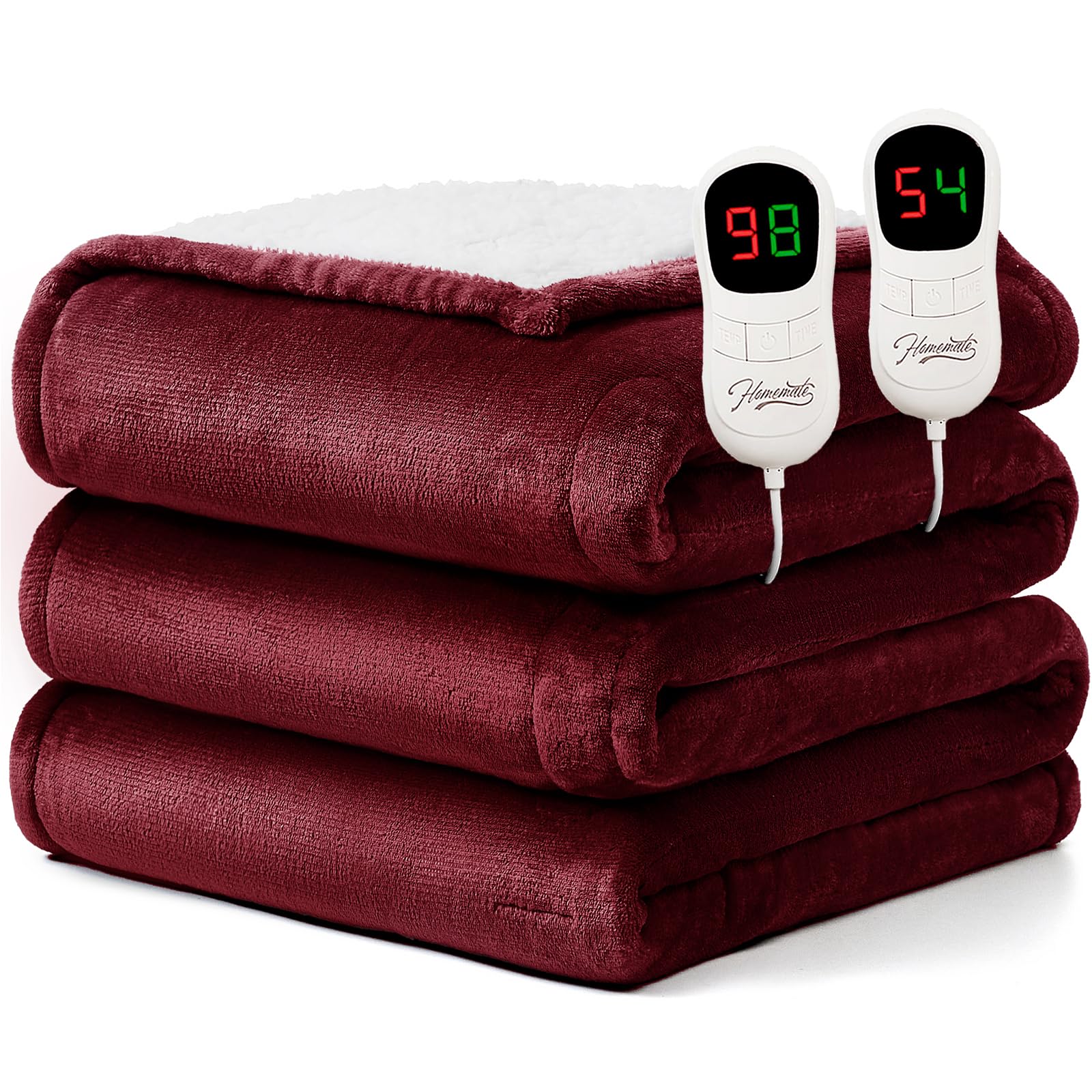 Homemate Heated Blanket Electric Throw - 50"x60" Heating Blanket Throw 1/2/4/6/8 Hours Auto-Off 10 Heat Level Over-Heat Protection Flannel Sherpa ETL Certification