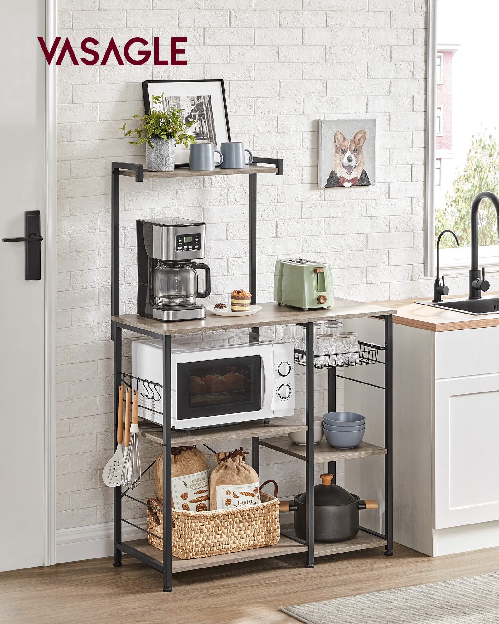 VASAGLE Kitchen Bakers Rack with Power Outlet, Coffee Bar with 35.4-Inch High Worktop, Microwave Stand with 8 Hooks, 15.7 x 31.5 x 66.9 Inches, Golden Oak and Cloud White UKKS059Y01