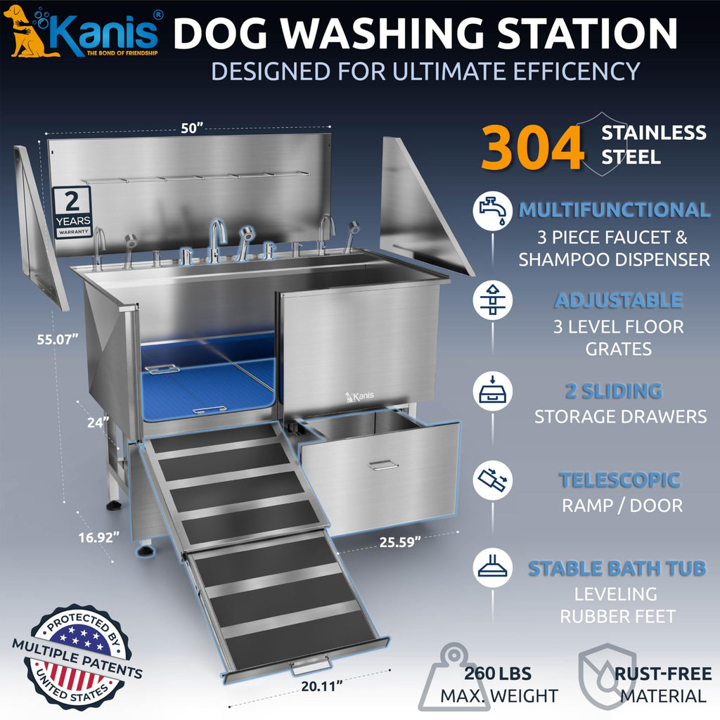 KANIS Professional Dog Washing Station 304 Stainless Steel Pet Wash Sink & Grooming Bathtub w/Shower, Floor Grates and Storage for Large, Medium & Small Pets (Silver, 50 Inches, Right Ramp, 1 Drawer)