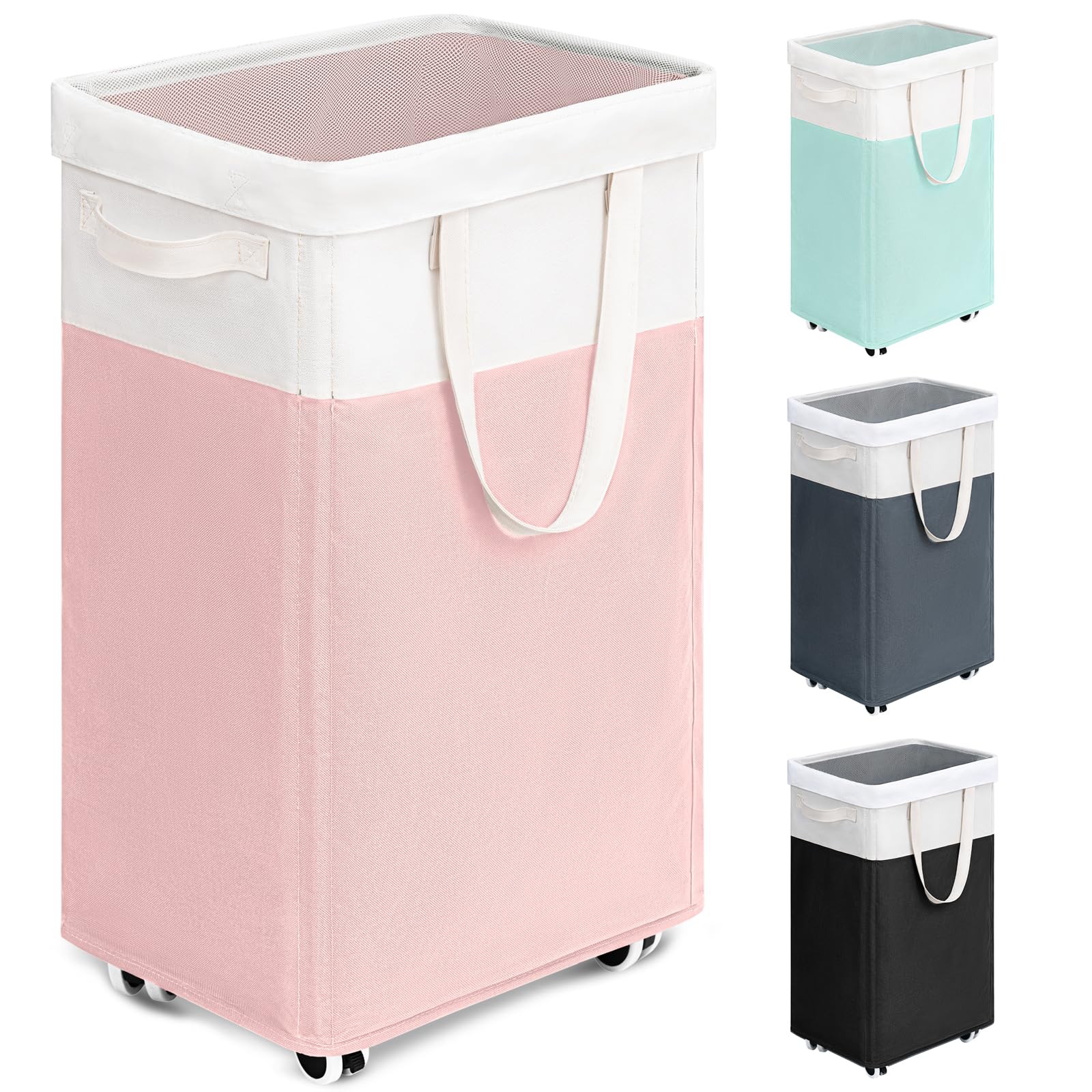 Goodpick Pink Laundry Basket with Wheels, Dorm Room Essentials for Girls, 75L Collapsible Laundry Basket, Laundry Hamper with Handle for College Dorm