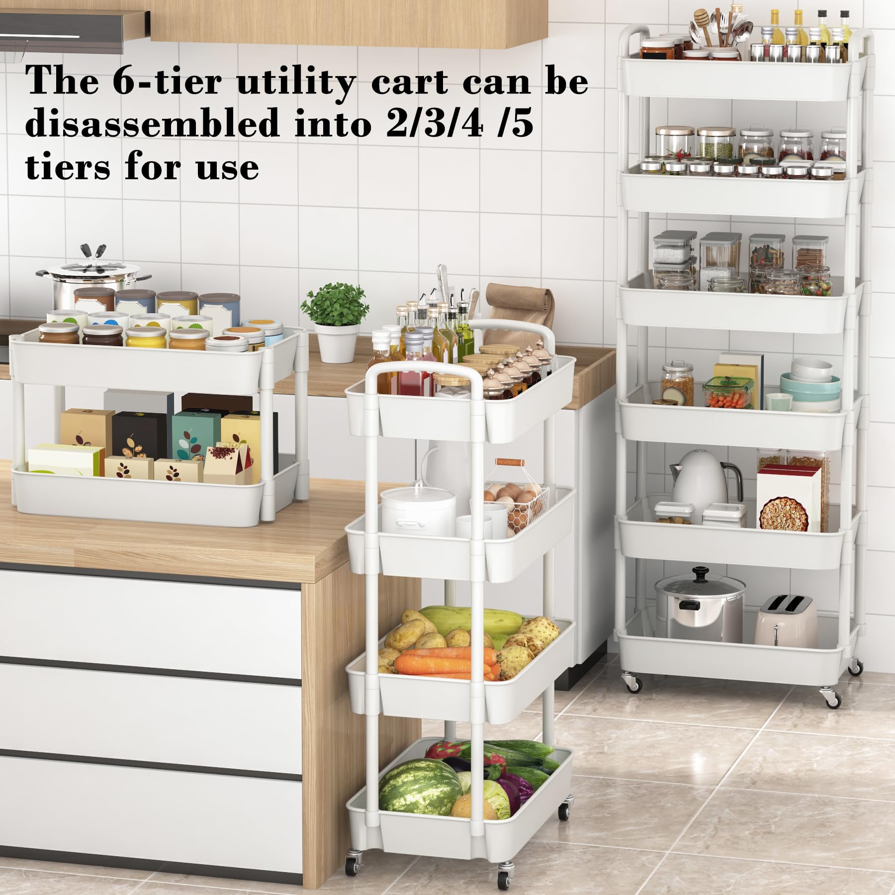 Sywhitta 3-Tier Plastic Rolling Utility Cart with Handle, Multi-Functional Storage Trolley for Office, Living Room, Kitchen, Movable Storage Organizer with Wheels, Black
