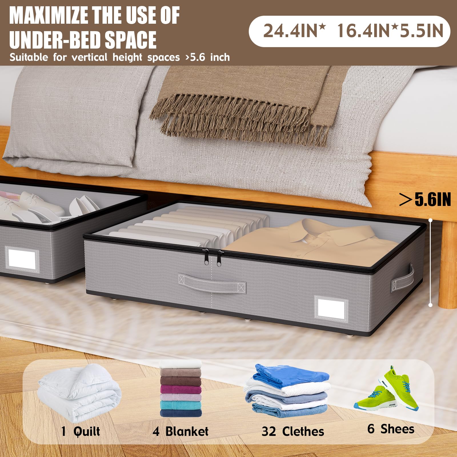 EE-RoomWorld Under Bed Storage with Wheels, No Assemble Required 10 inches height Under Bed Storage bins,Large capacity Rolling Underbed Shoe Storage containers，dorm underbed storage drawers