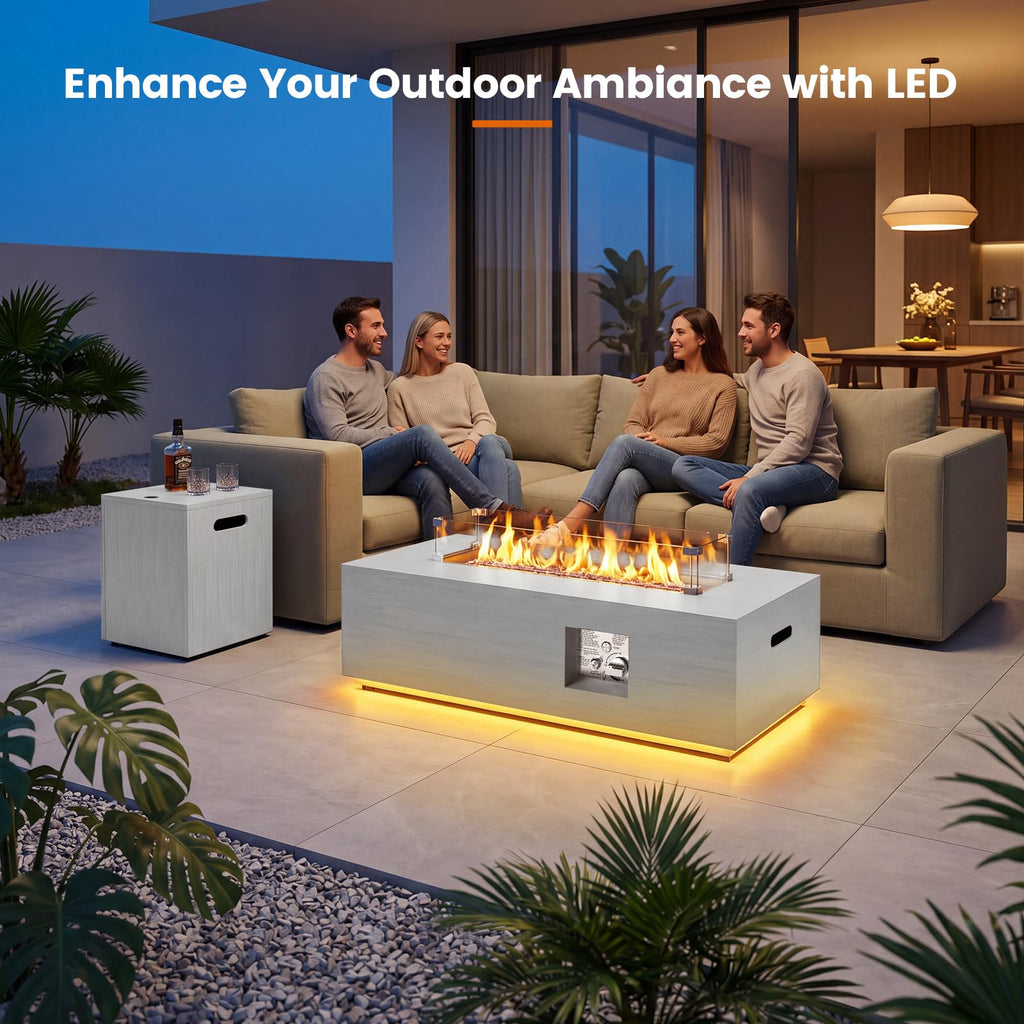 SUNPEAK 42" Modern Fire Pit Table with LED Light 50,000 BTU Deck Fire Pit Table Includes Wind Guard, Lid, Rocks & Cover - Propane Gas Patio Fireplace, Chimenea para Patio (Grey/Golden Light, 42" LED)