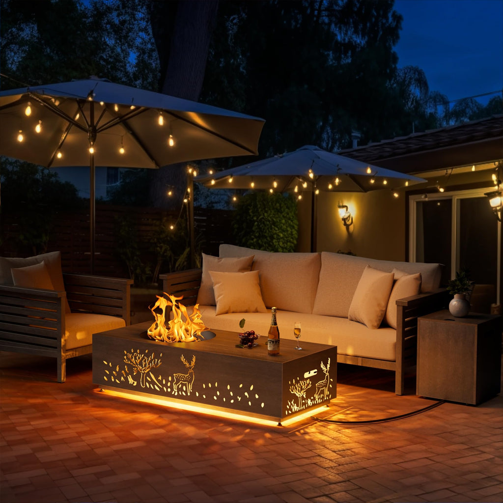 SUNPEAK 42" Modern Fire Pit Table with LED Light 50,000 BTU Deck Fire Pit Table Includes Wind Guard, Lid, Rocks & Cover - Propane Gas Patio Fireplace, Chimenea para Patio (Grey/Golden Light, 42" LED)