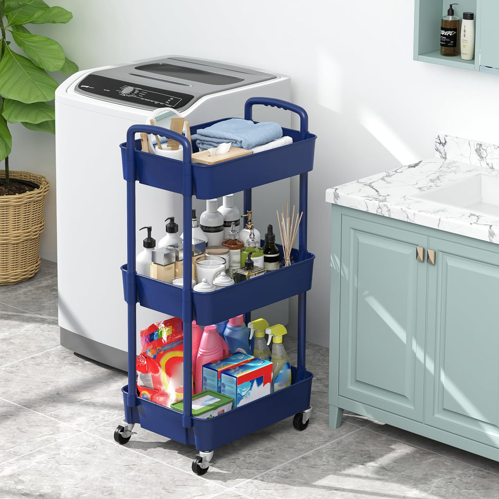 Sywhitta 3-Tier Plastic Rolling Utility Cart with Handle, Multi-Functional Storage Trolley for Office, Living Room, Kitchen, Movable Storage Organizer with Wheels, Black