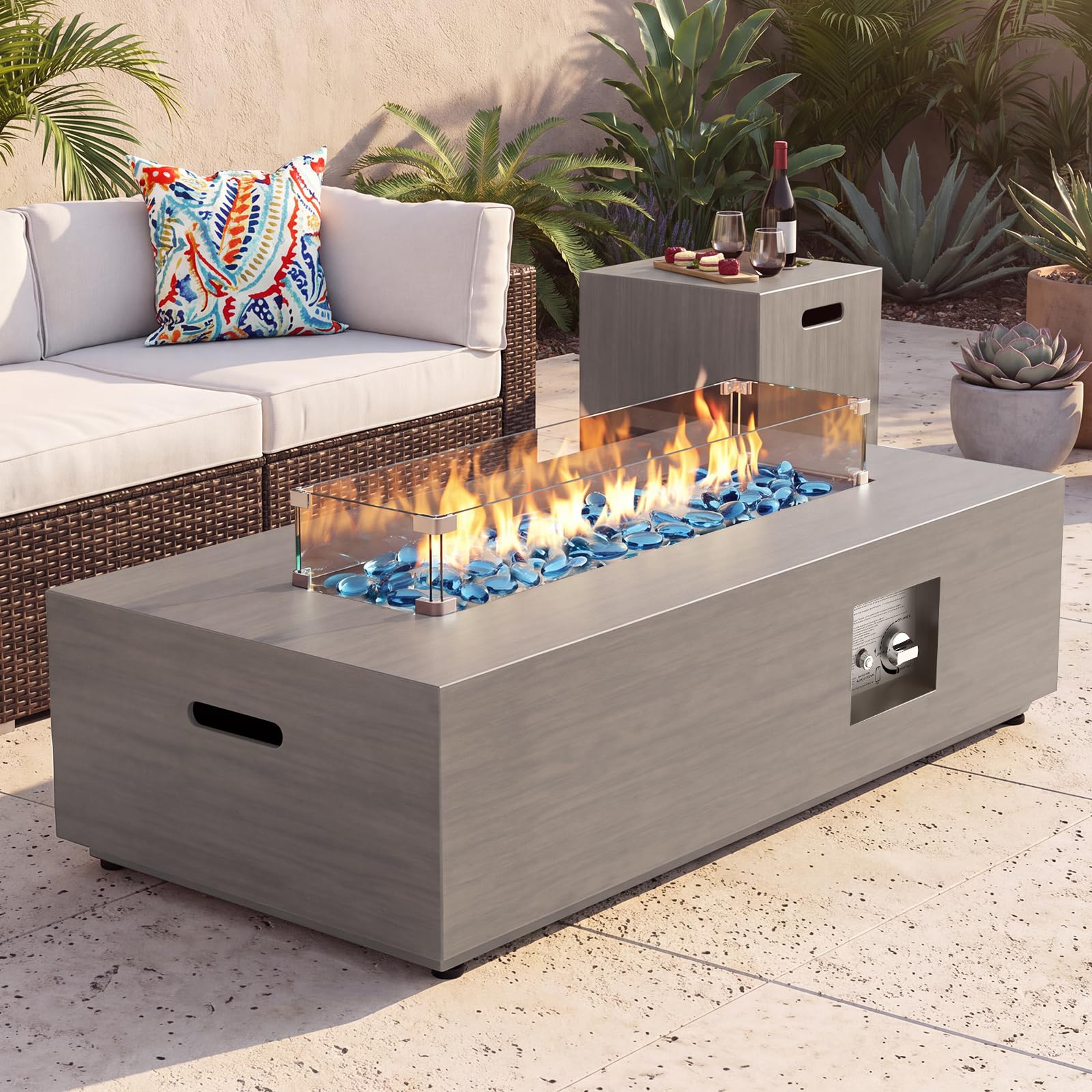 SUNPEAK 42" Modern Fire Pit Table with LED Light 50,000 BTU Deck Fire Pit Table Includes Wind Guard, Lid, Rocks & Cover - Propane Gas Patio Fireplace, Chimenea para Patio (Grey/Golden Light, 42" LED)