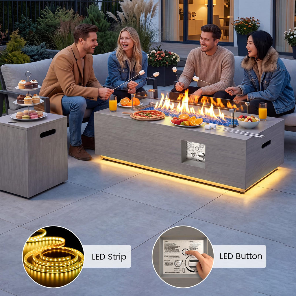 SUNPEAK 42" Modern Fire Pit Table with LED Light 50,000 BTU Deck Fire Pit Table Includes Wind Guard, Lid, Rocks & Cover - Propane Gas Patio Fireplace, Chimenea para Patio (Grey/Golden Light, 42" LED)