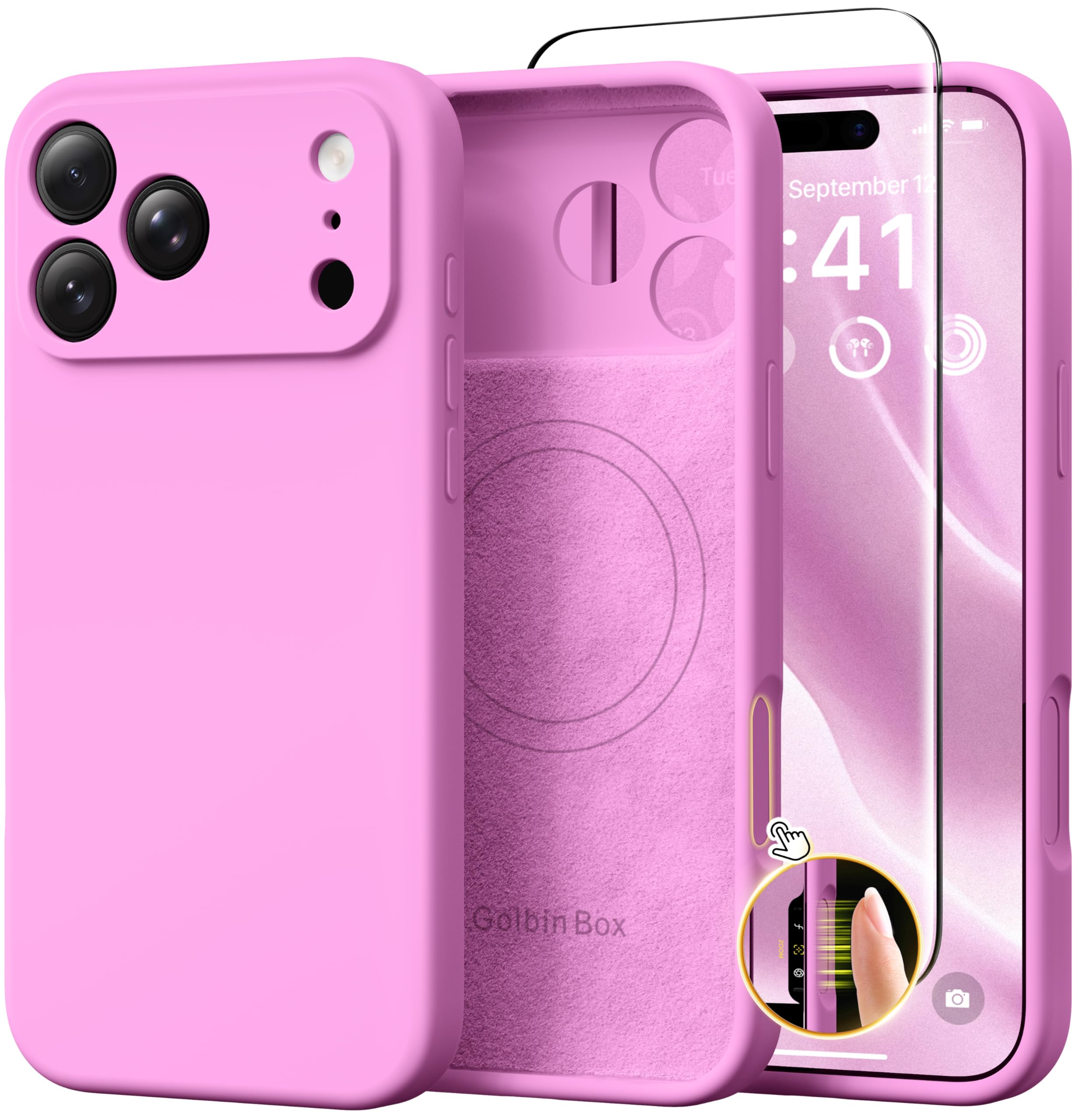 GolbinBox Magnetic for iPhone 17 Pro Max Case, Compatible with MagSafe, [Full Camera Protection] [Screen Protector], Silicone Shockproof Phone Cover with Anti-Scratch Microfiber Lining, Chalk Pink