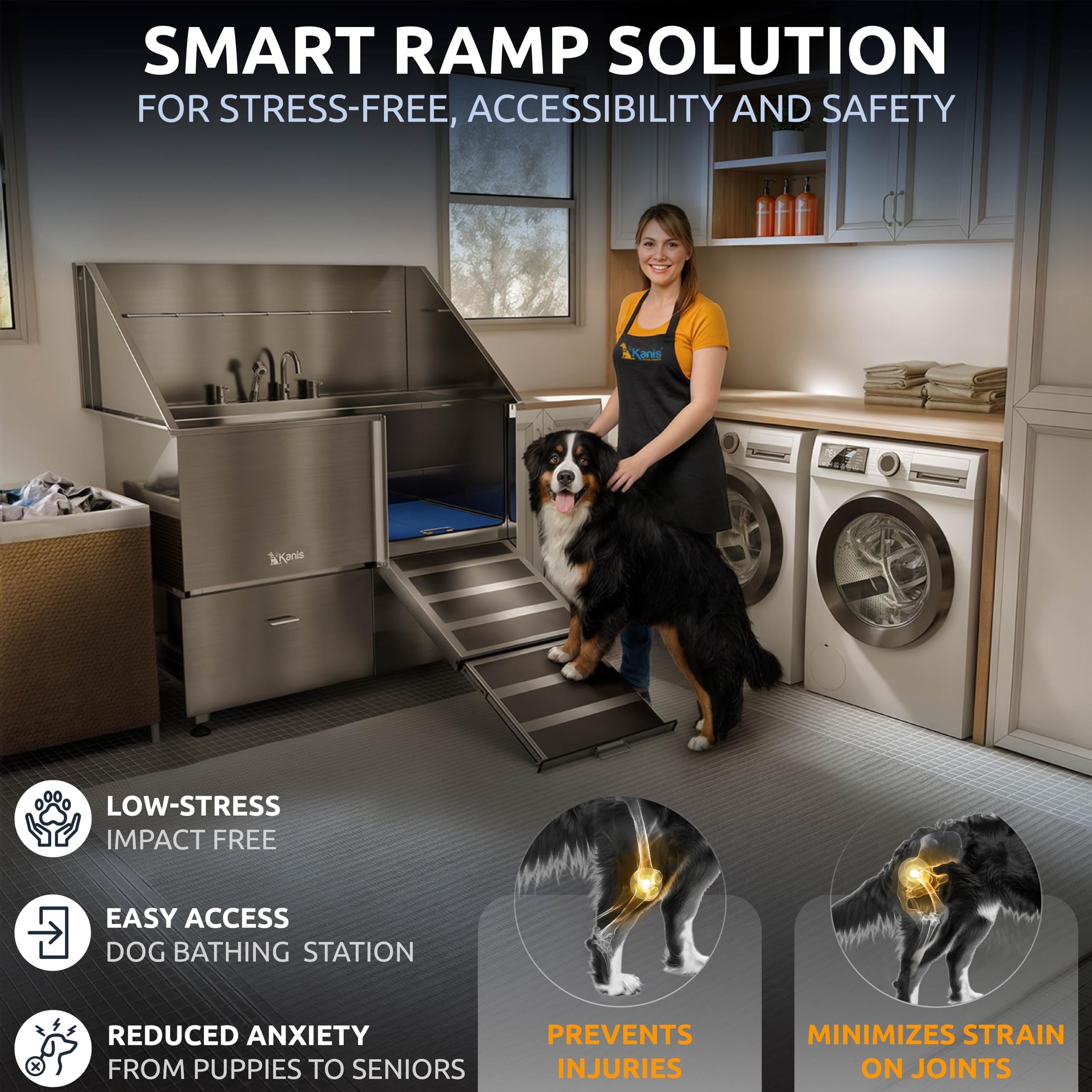 KANIS Professional Dog Washing Station 304 Stainless Steel Pet Wash Sink & Grooming Bathtub w/Shower, Floor Grates and Storage for Large, Medium & Small Pets (Silver, 50 Inches, Right Ramp, 1 Drawer)