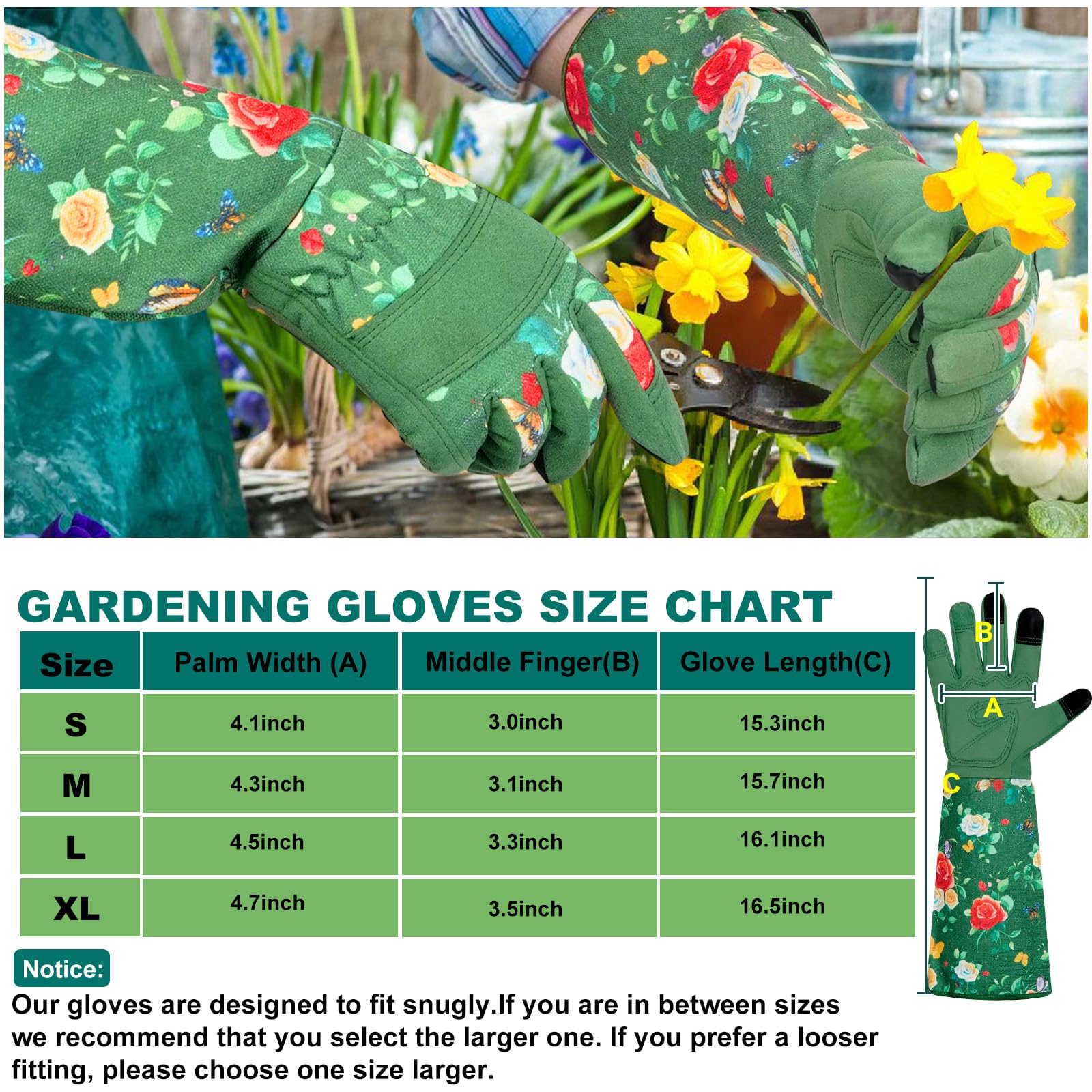DLY Garden Gloves for Women,Gardening Gloves,Gardening Gift for Lady,Blue,M | Thornproof Cowhide Palm, Foam-Padded Grip, Long Sunflower Print Cuff, 3-Finger Touchscreen, Rose Pruning, Weeding & Yard Work