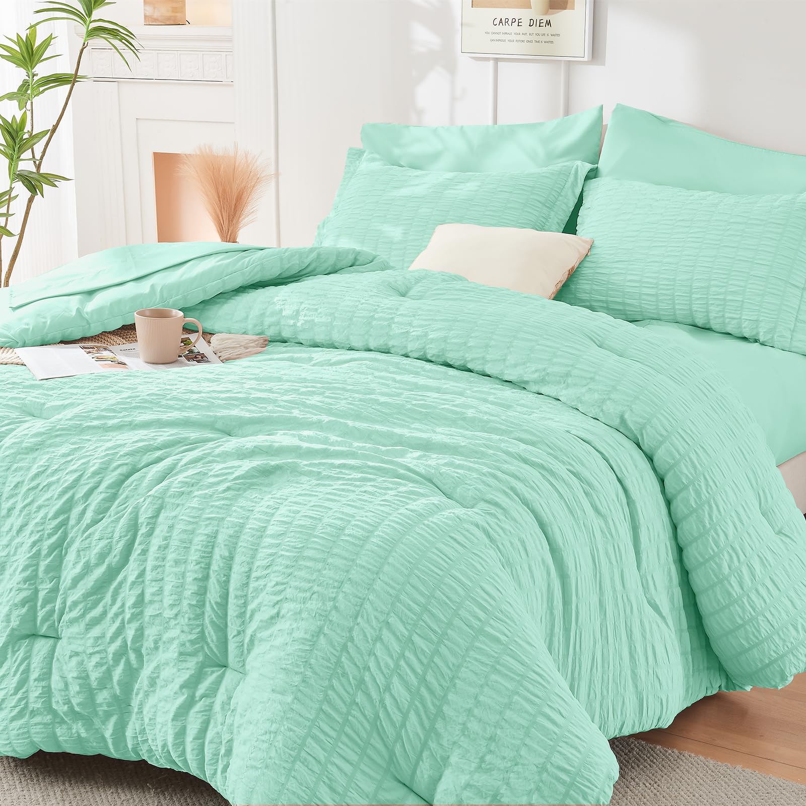 HYMOKEGE Twin XL Comforter Set Seersucker 5 Pieces, All Season Luxury Bed in a Bag for Bedroom, Bedding Set with Comforter, Sheet, Pillowcase & Sham, Dark Grey