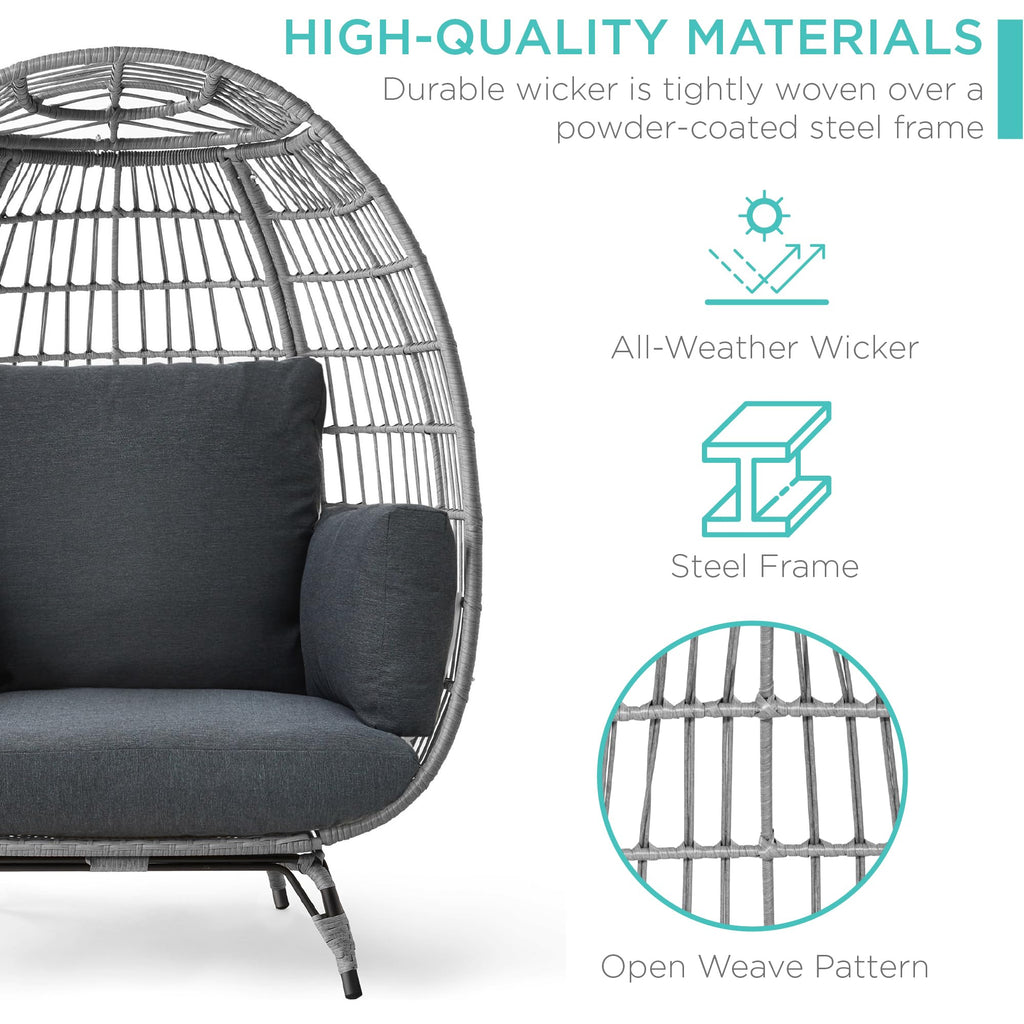 Best Choice Products Wicker Egg Chair, Oversized Indoor Outdoor Lounger for Patio, Backyard, Living Room w/ 4 Cushions, Steel Frame, 440lb Capacity - Black