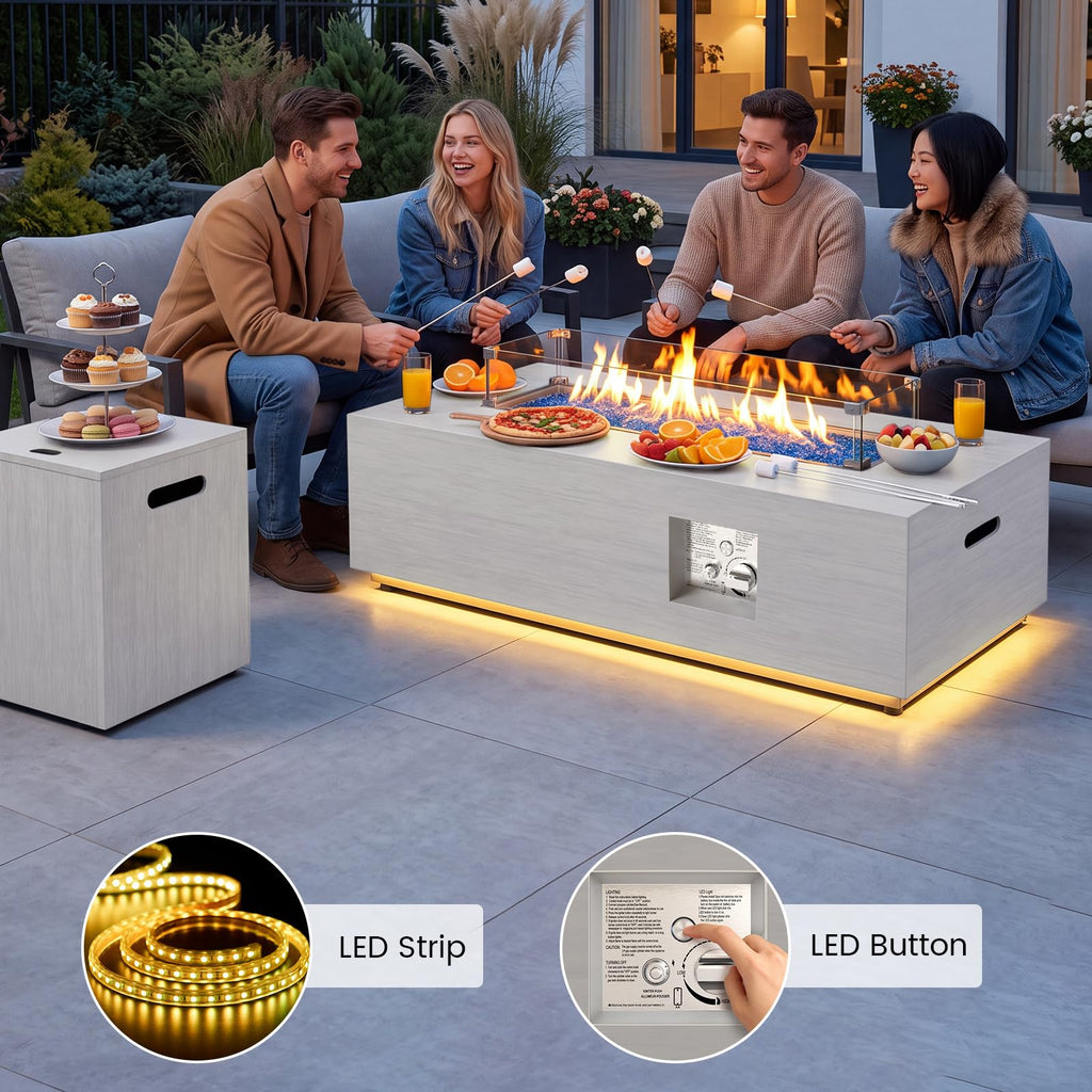 SUNPEAK 42" Modern Fire Pit Table with LED Light 50,000 BTU Deck Fire Pit Table Includes Wind Guard, Lid, Rocks & Cover - Propane Gas Patio Fireplace, Chimenea para Patio (Grey/Golden Light, 42" LED)