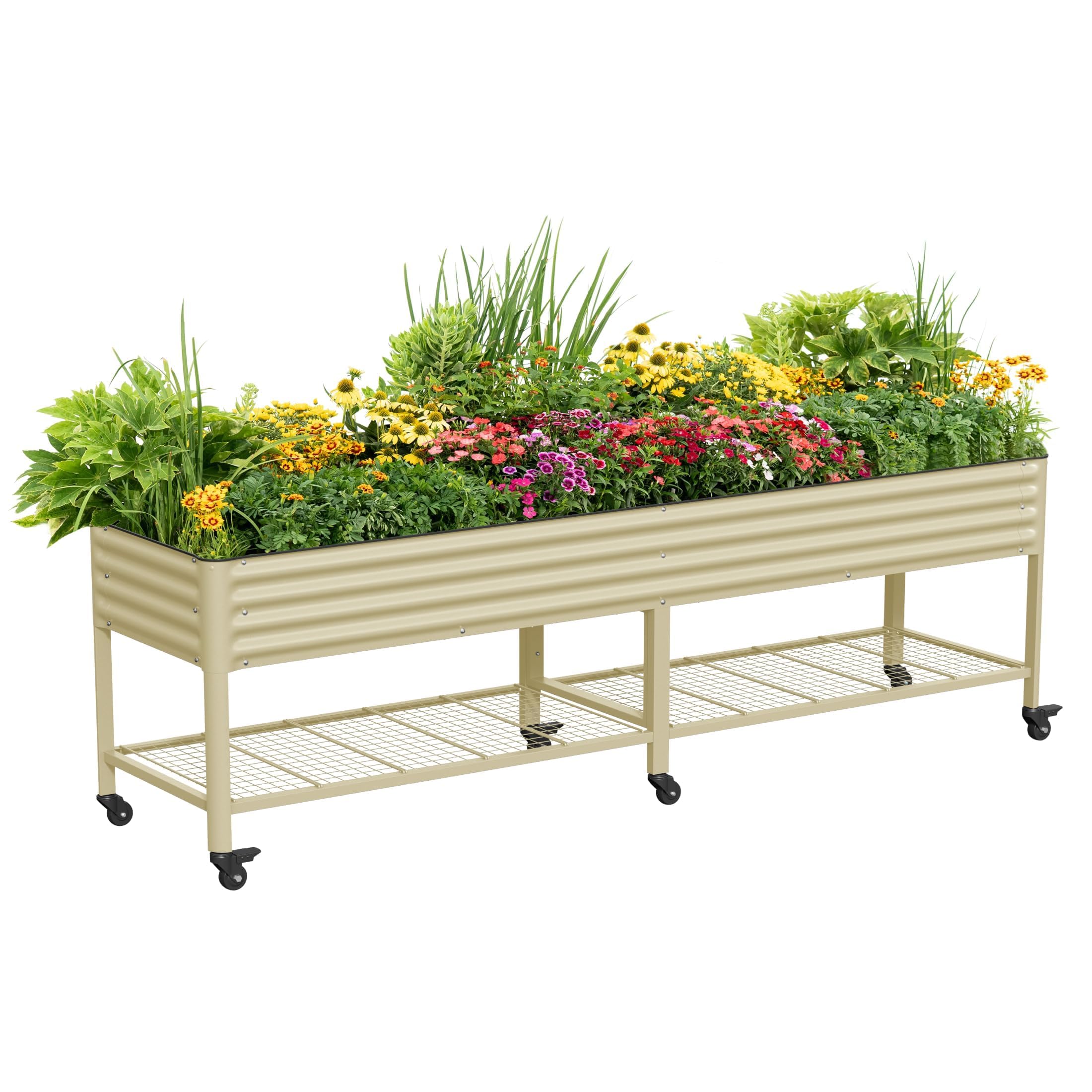 Rolling Elevated Raised Garden Bed, 2' x 4' Outdoor Planters Boxes with Legs & Storage Rack for Patio, 700 Lbs Weight Capacity, Raised Beds for Gardening Herbs Flowers, Pearl White