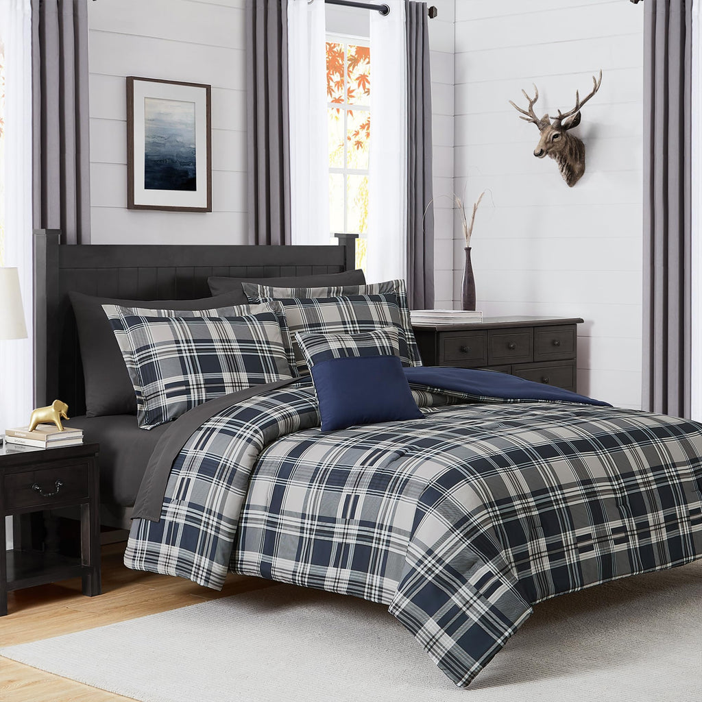 MaiRêve Plaid Twin XL Comforter Set Navy Blue 5 Pieces Dorm Bed in a Bag | Rustic Farmhouse Bedding Sets for Boys Teen with Sheets, Pillowcase & Sham