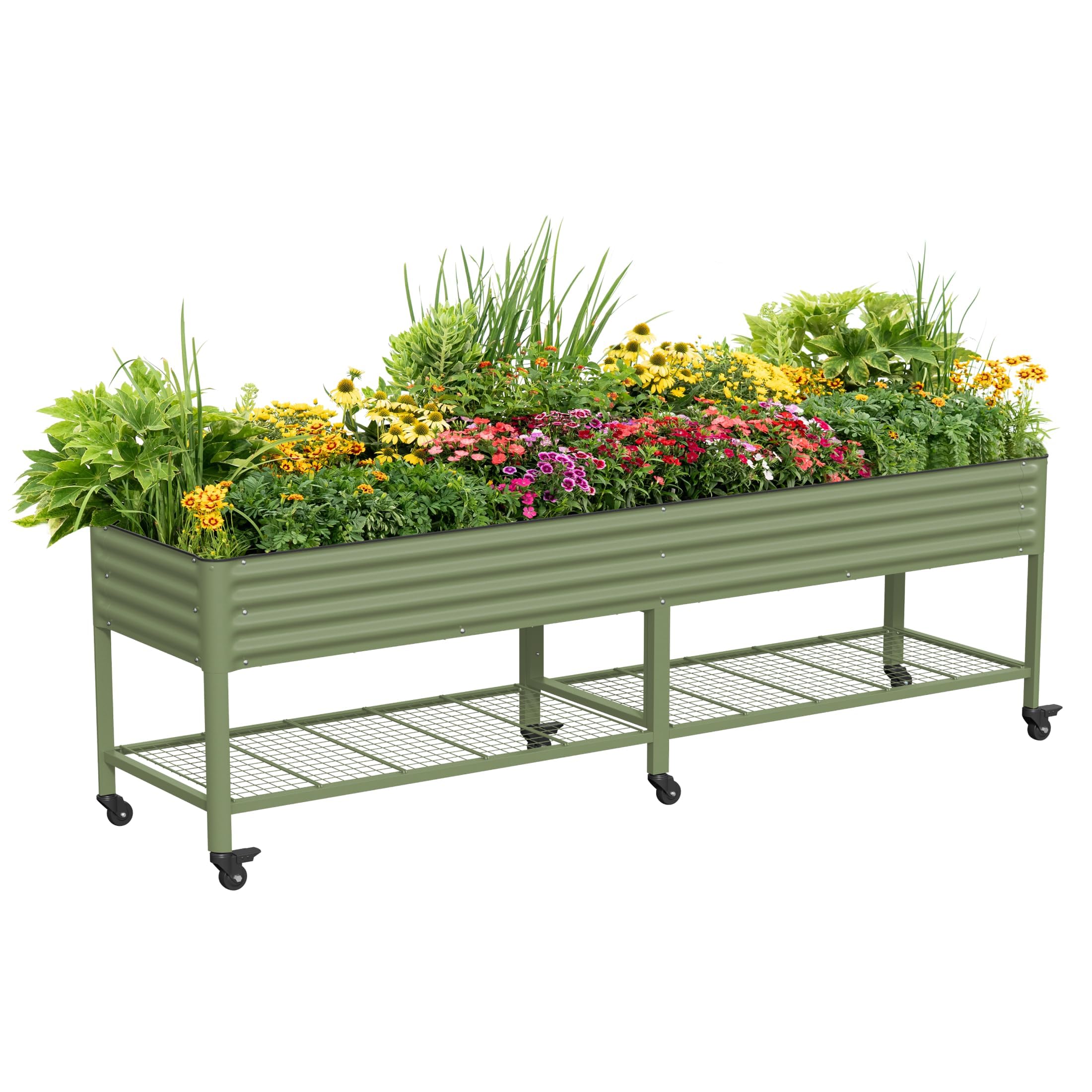 Rolling Elevated Raised Garden Bed, 2' x 4' Outdoor Planters Boxes with Legs & Storage Rack for Patio, 700 Lbs Weight Capacity, Raised Beds for Gardening Herbs Flowers, Pearl White