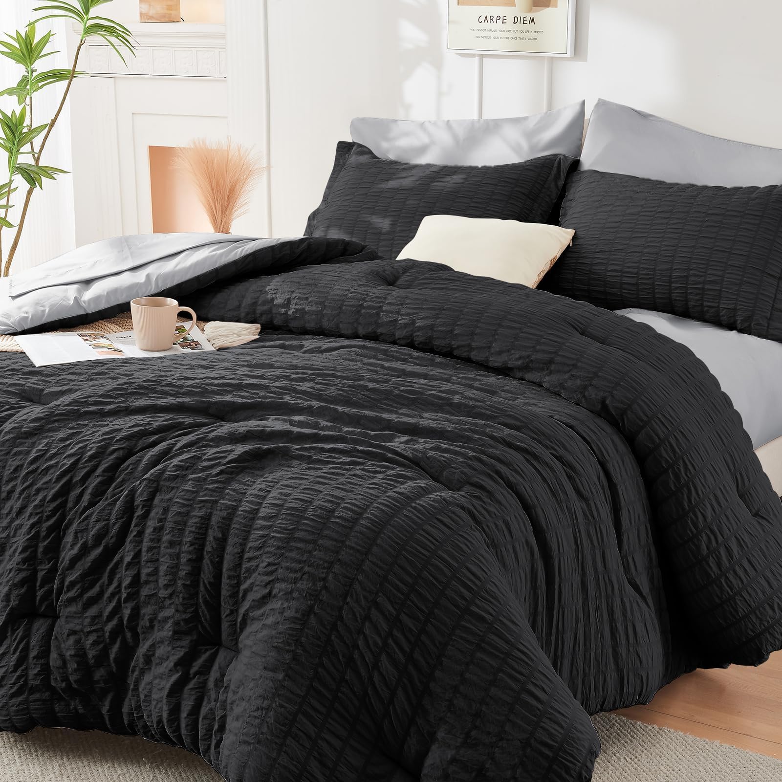 HYMOKEGE Twin XL Comforter Set Seersucker 5 Pieces, All Season Luxury Bed in a Bag for Bedroom, Bedding Set with Comforter, Sheet, Pillowcase & Sham, Dark Grey