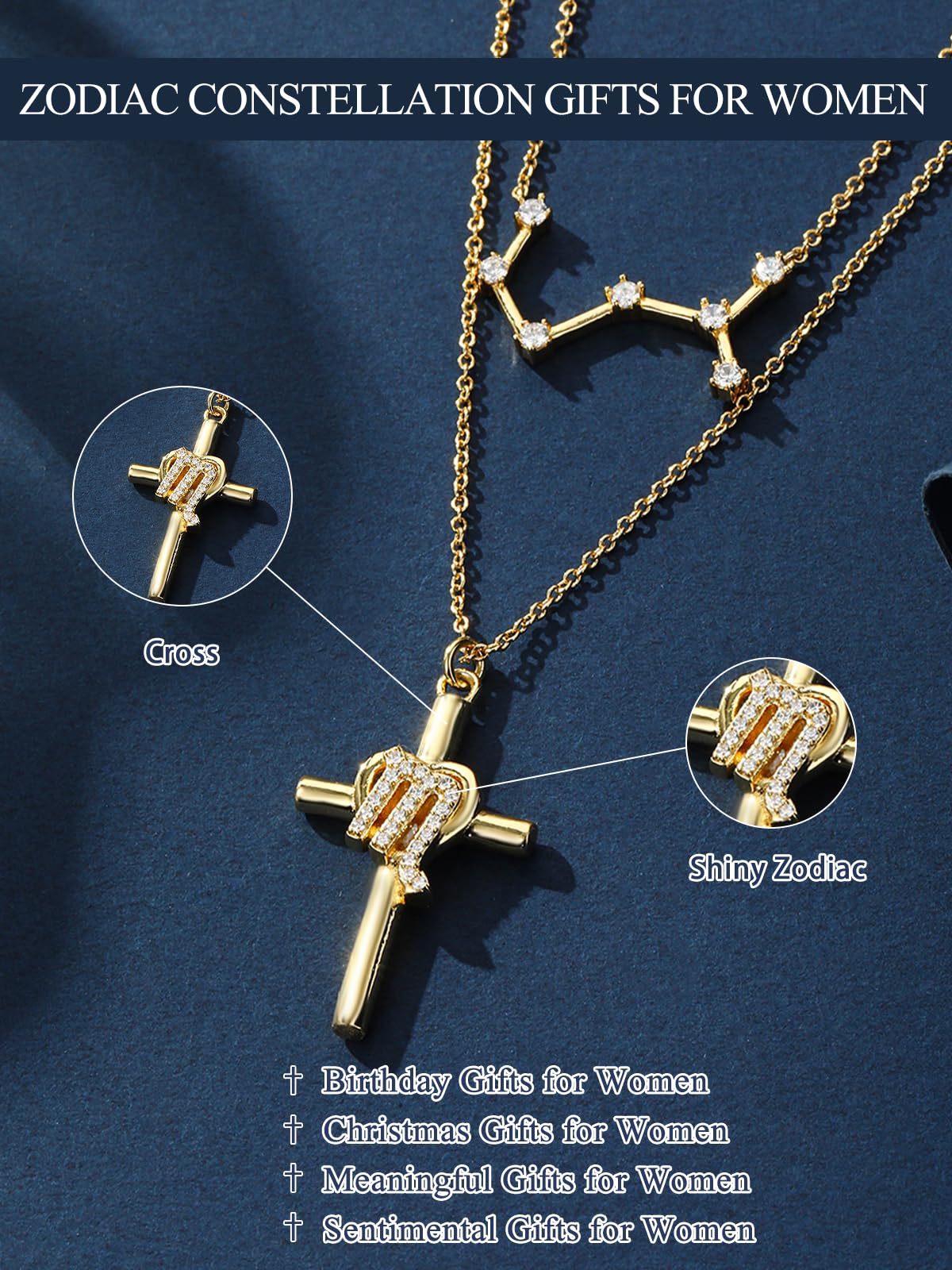 14K Gold Zodiac Cross Layered Necklace for Women - Horoscope Constellation Pendant with Cross,Luxury Anniversary Birthday Mothers Day Gifts Jewelry (12 Zodiac Signs)