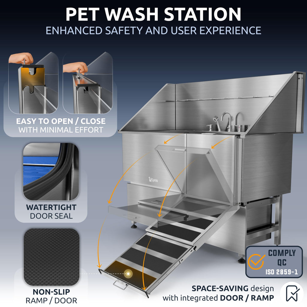 KANIS Professional Dog Washing Station 304 Stainless Steel Pet Wash Sink & Grooming Bathtub w/Shower, Floor Grates and Storage for Large, Medium & Small Pets (Silver, 50 Inches, Right Ramp, 1 Drawer)