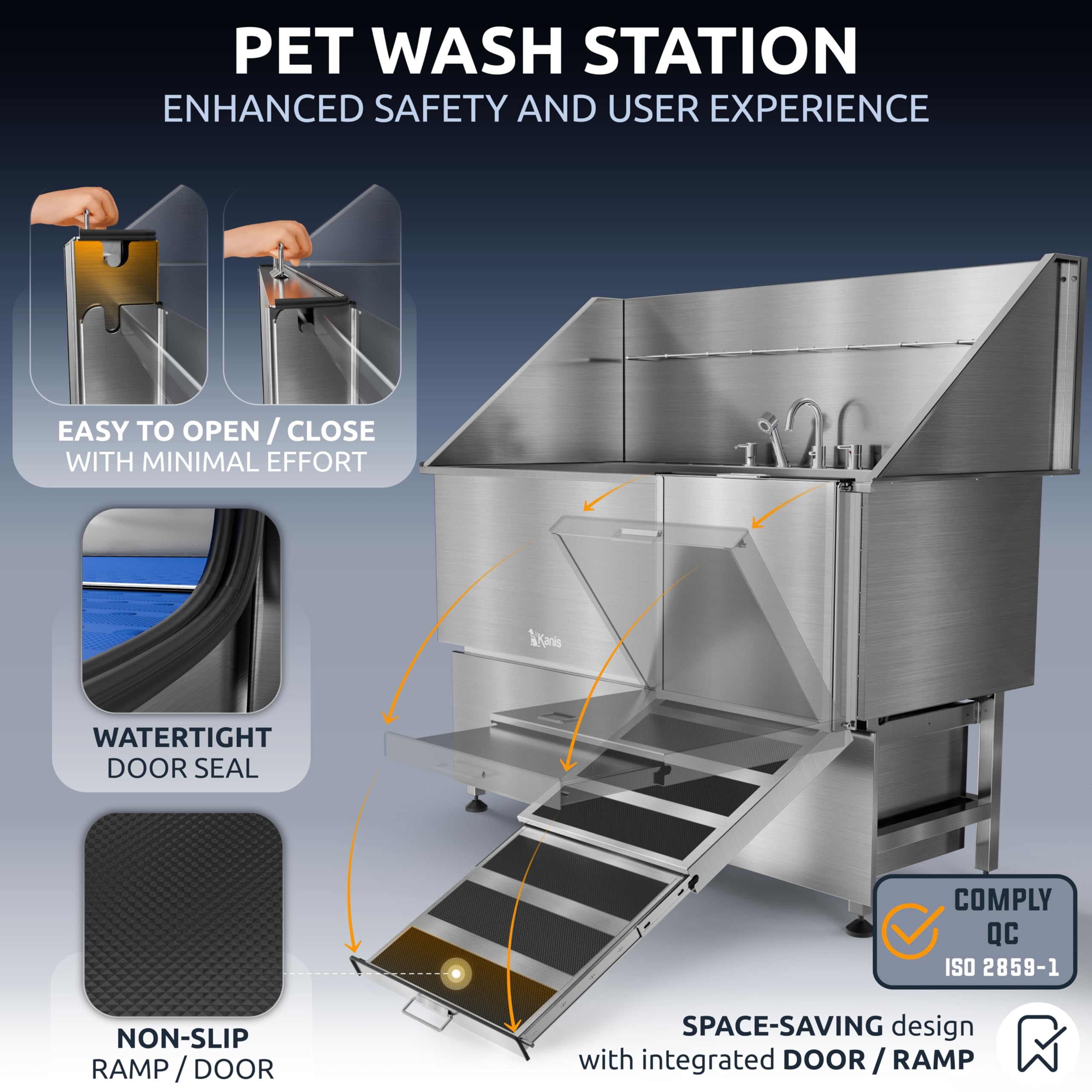 KANIS Professional Dog Washing Station 304 Stainless Steel Pet Wash Sink & Grooming Bathtub w/Shower, Floor Grates and Storage for Large, Medium & Small Pets (Silver, 50 Inches, Right Ramp, 1 Drawer)