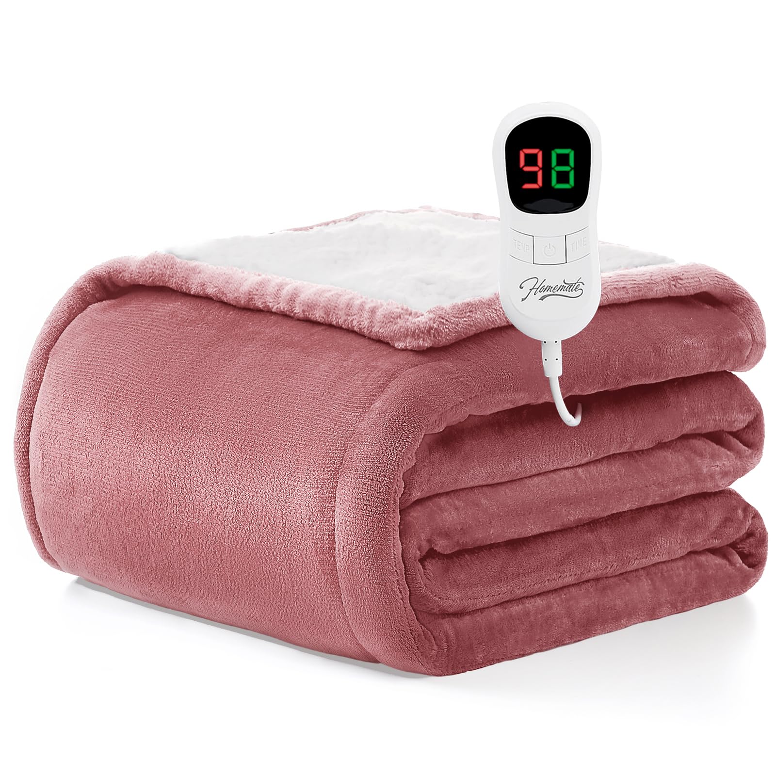 Homemate Heated Blanket Electric Throw - 50"x60" Heating Blanket Throw 1/2/4/6/8 Hours Auto-Off 10 Heat Level Over-Heat Protection Flannel Sherpa ETL Certification