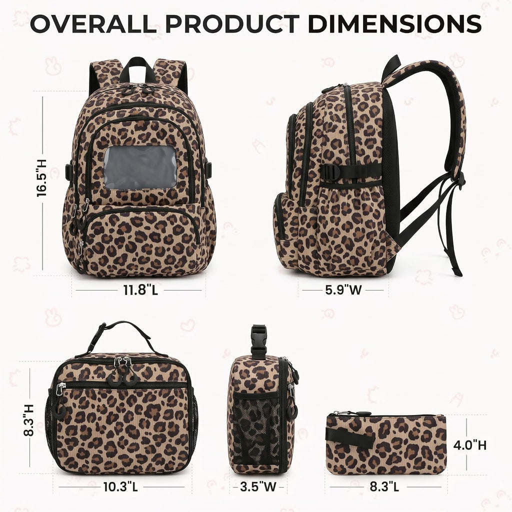 Corduroy School Backpack Set for Girls Boys Women, 3Pcs Kids Bookbag with Lunch Box & Pencil Pouch, Elementary Middle High School College Daypack 15.6" Laptop Bag for Work Travel, Leopard Brown